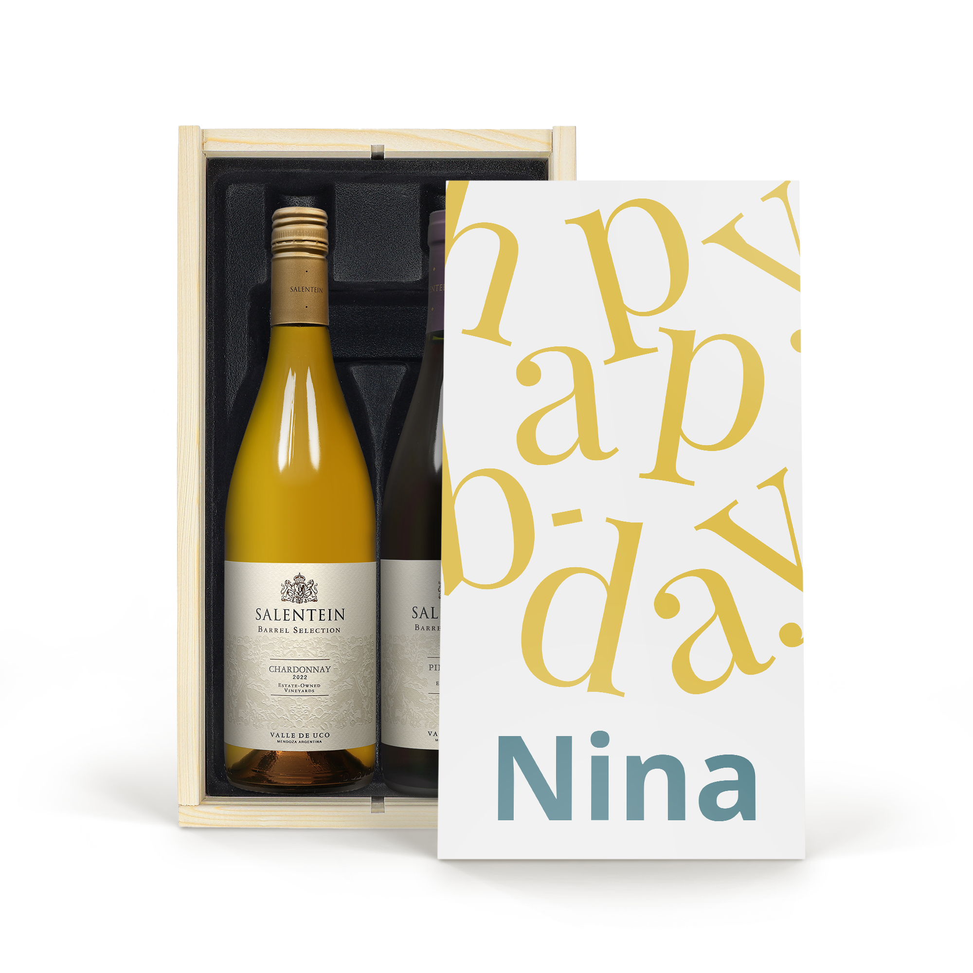 Coffret cadeau personnalisé avec un Pinot Noir et un Chardonnay Salentein, imprimé du texte Happy Birthday Nina