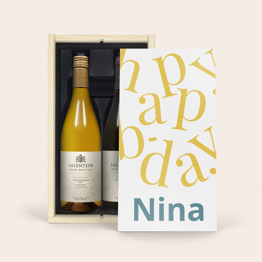 Salentein Pinot Noir & Chardonnay Conjunto de vinho Salentein Pinot Noir e Chardonnay em estojo de madeira impresso com texto Nina