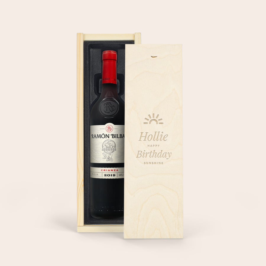 Personalised Wine - Ramon Bilbao Crianza Ramon Bilbao wine bottle in a luxurious wooden case engraved with Hollie Happy Birthday Sunshine