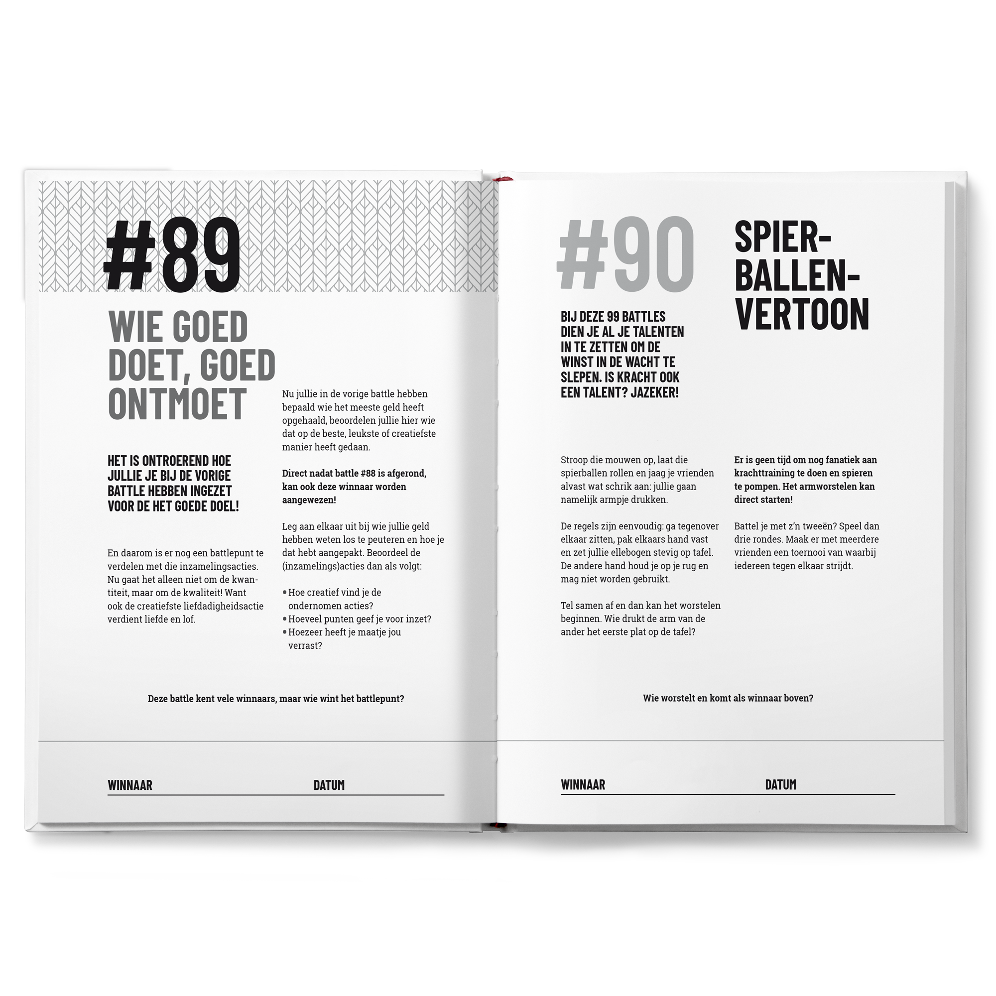 Open geslagen persoonlijk Battle boek voor vrienden met tekst over challenge #89 en #90.