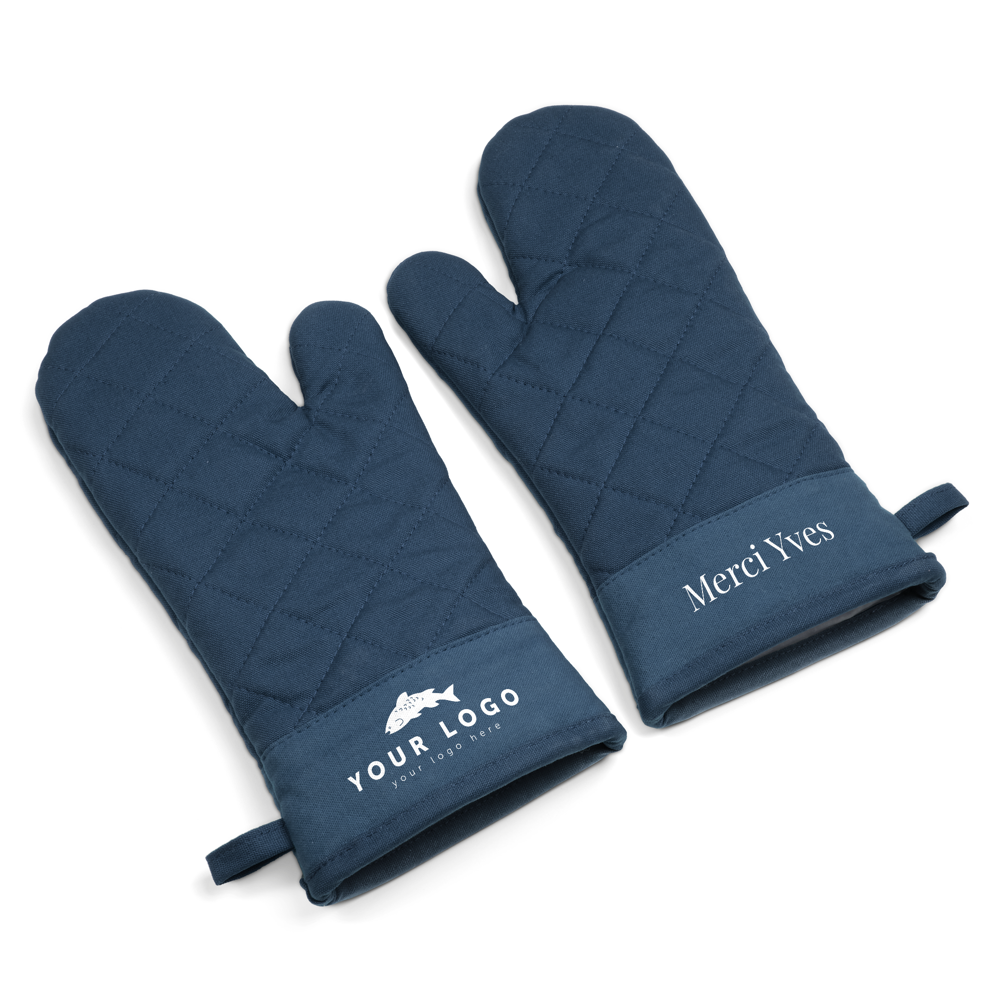 Paire de gants de cuisine bleus personnalisés imprimés. Un gant avec le texte Merci Yves, l'autre avec votre logo.