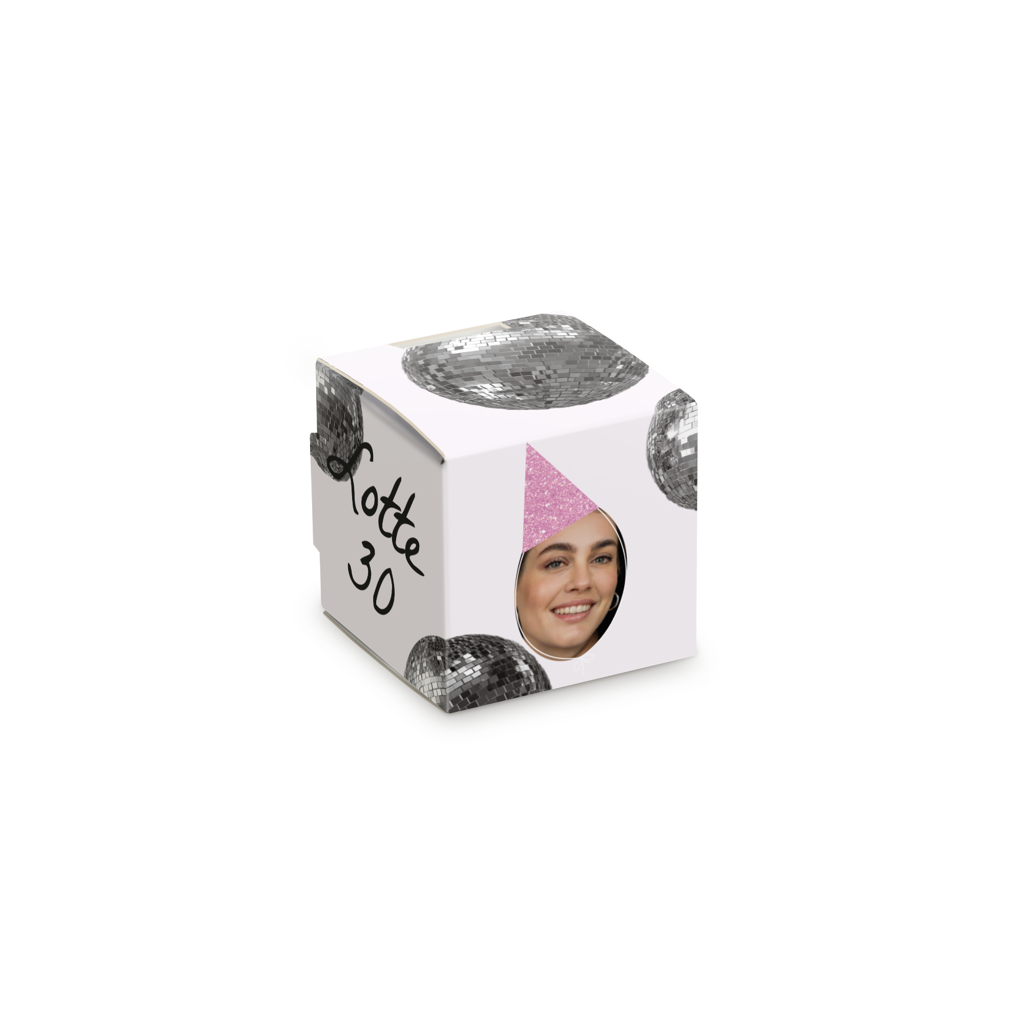 Witte lolly box bedrukken - 20 stuks met naam Lotte 30, foto met roze feesthoed en discoballonnen.