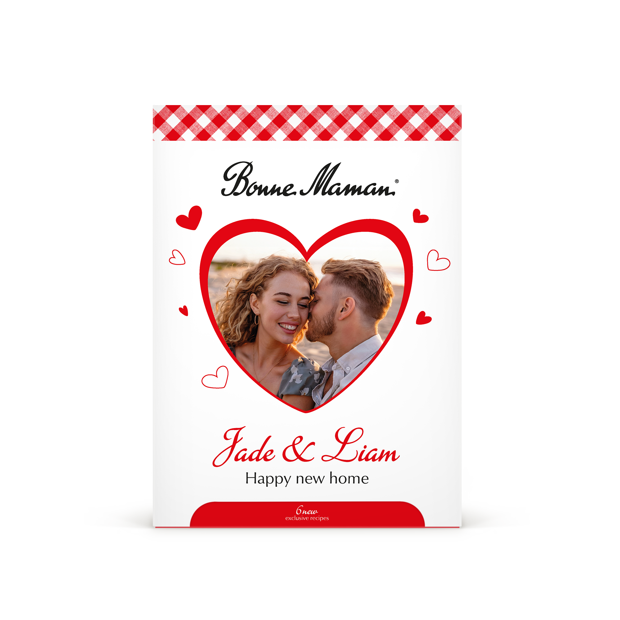 Personalizovaná darčeková krabička Bonne Maman s vytlačenou fotkou páru, menami Jade & Liam a textom Happy new home, prekvapte jedinečnou, lahodnou darčekovou krabičkou Bonne Maman!