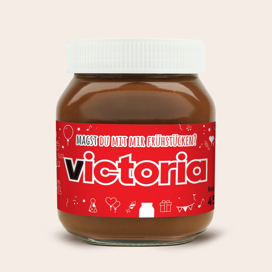Personalisiertes nutella®-Glas nutella® Glas mit rotem personalisiertem Etikett Magst du mit mir frühstücken und dem Namen Victoria