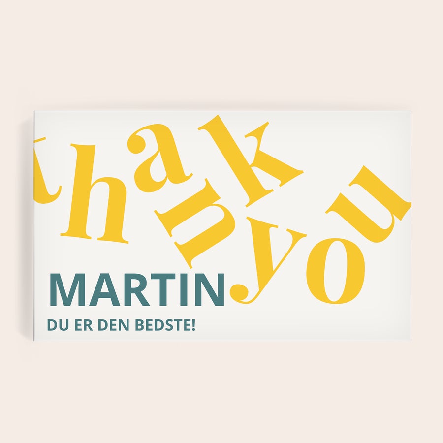 Mars chokoladegave med navn og billede Mars chokolader i gaveæske med navn og billede, trykt med teksten "Thank you Martin Du er den bedste!"