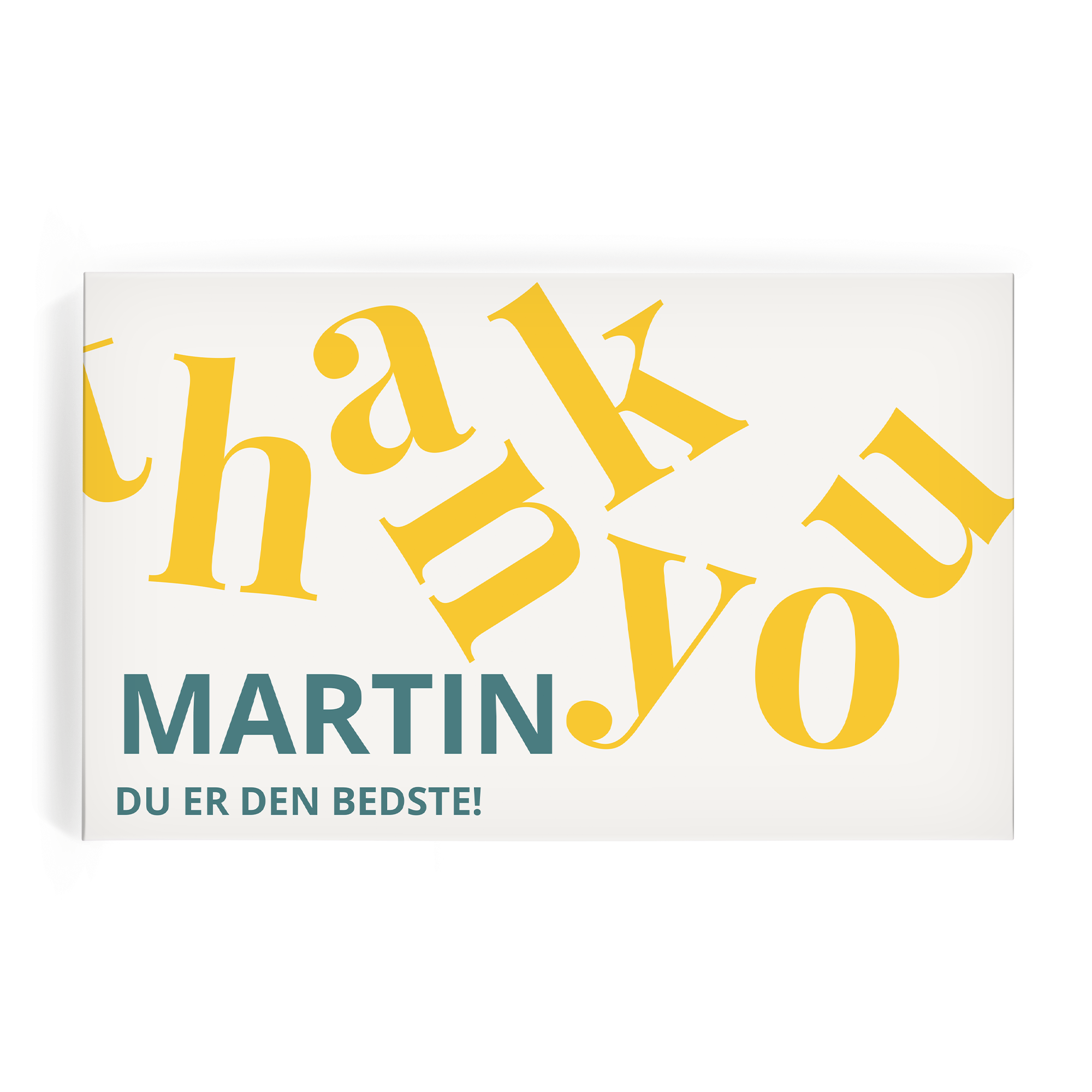 Snickers chokolader i gaveæske med navn og billede, trykt med teksten "Thank you Martin du er den bedste!"