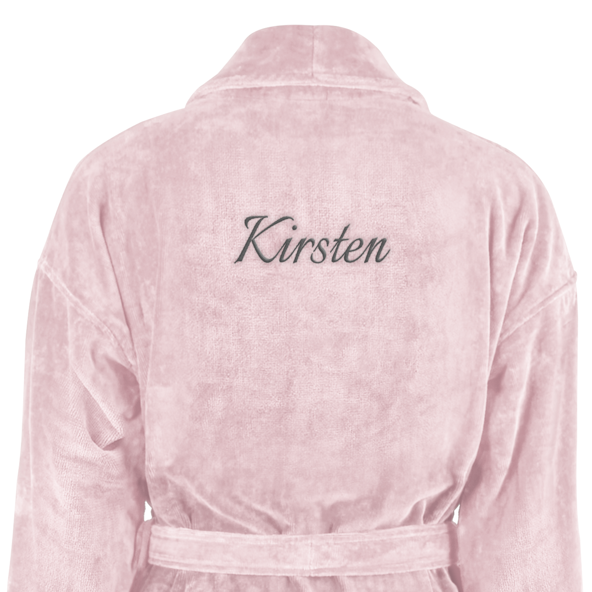 Roze badjas van badstof met de naam Kirsten geborduurd, een luxe badjas met naam.