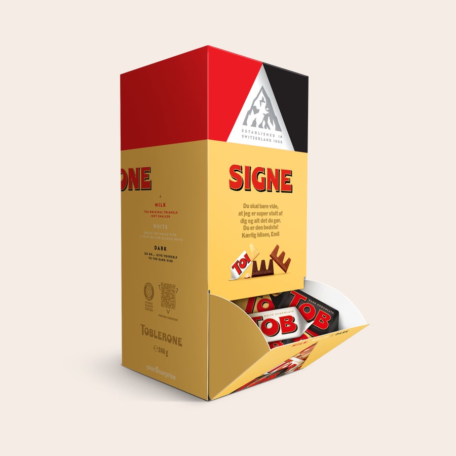 Toblerone chokolade dispenser Personlig Toblerone-chokoladedispenser med navn "Signe" og besked, fuldfarvetryk, fyldt med Toblerone chokolade.