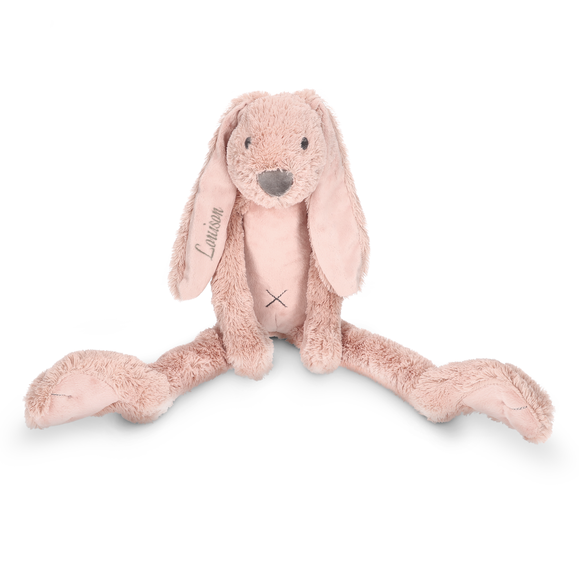Doudou lapin tout doux rose brodé Louison sur l'oreille un cadeau personnalisé