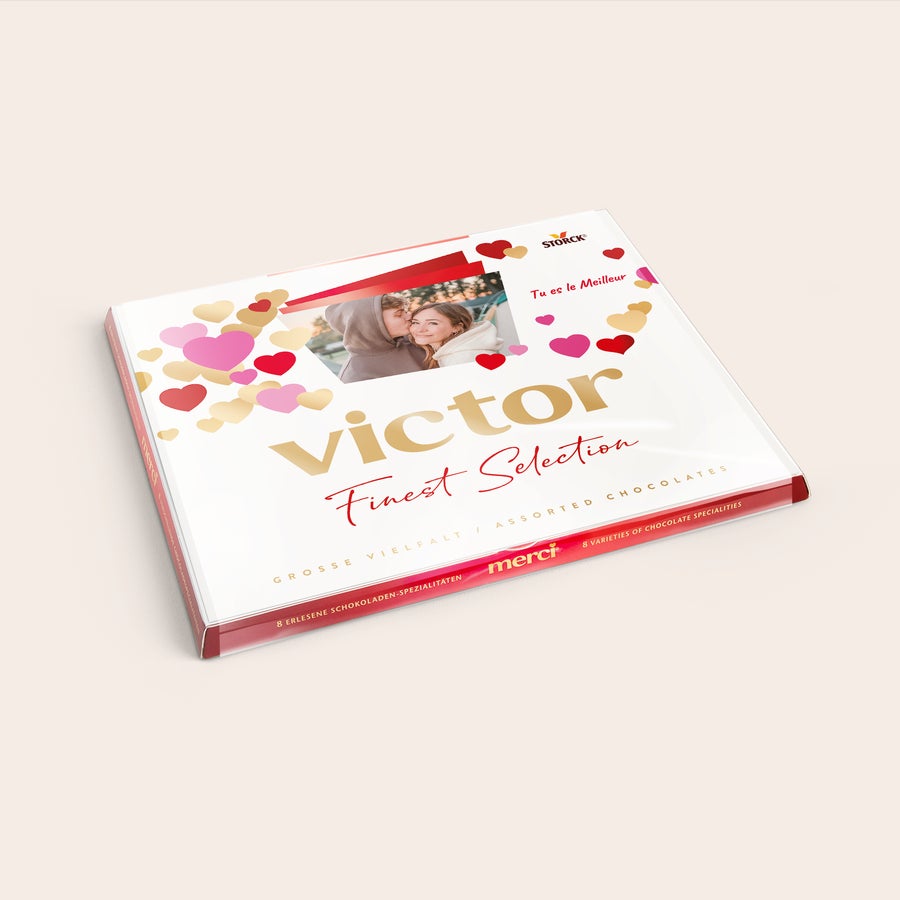 Chocolat Merci Finest Selection avec carte de vœux Chocolat Merci avec carte personnalisée - 250 grammes, motif cœurs, photo et prénom Victor imprimés