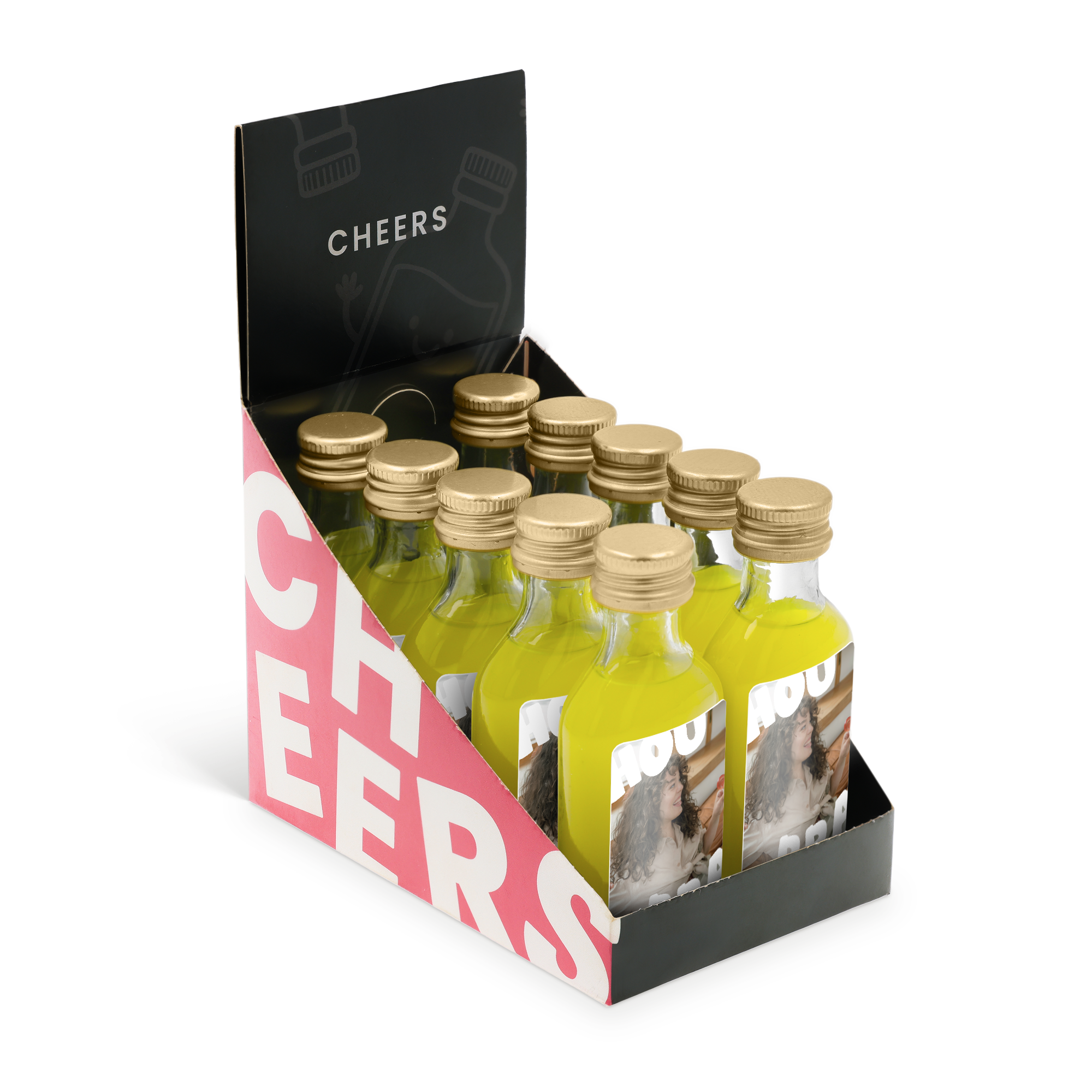 Collection de mini Limoncello personnalisée avec étiquettes photo imprimées dans une boîte Cheers