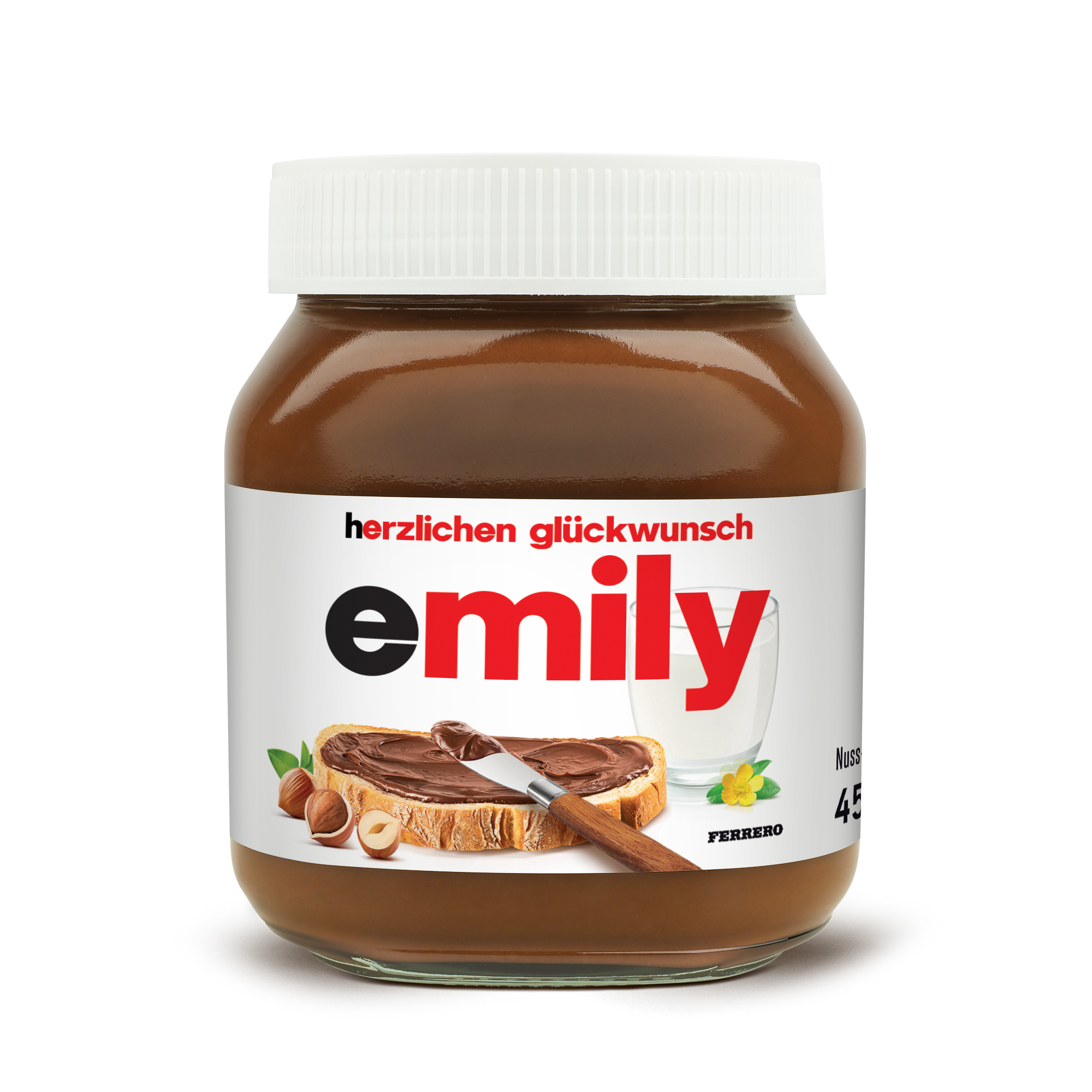 Nutella Glas personalisiert mit Namen Emily und Aufdruck 