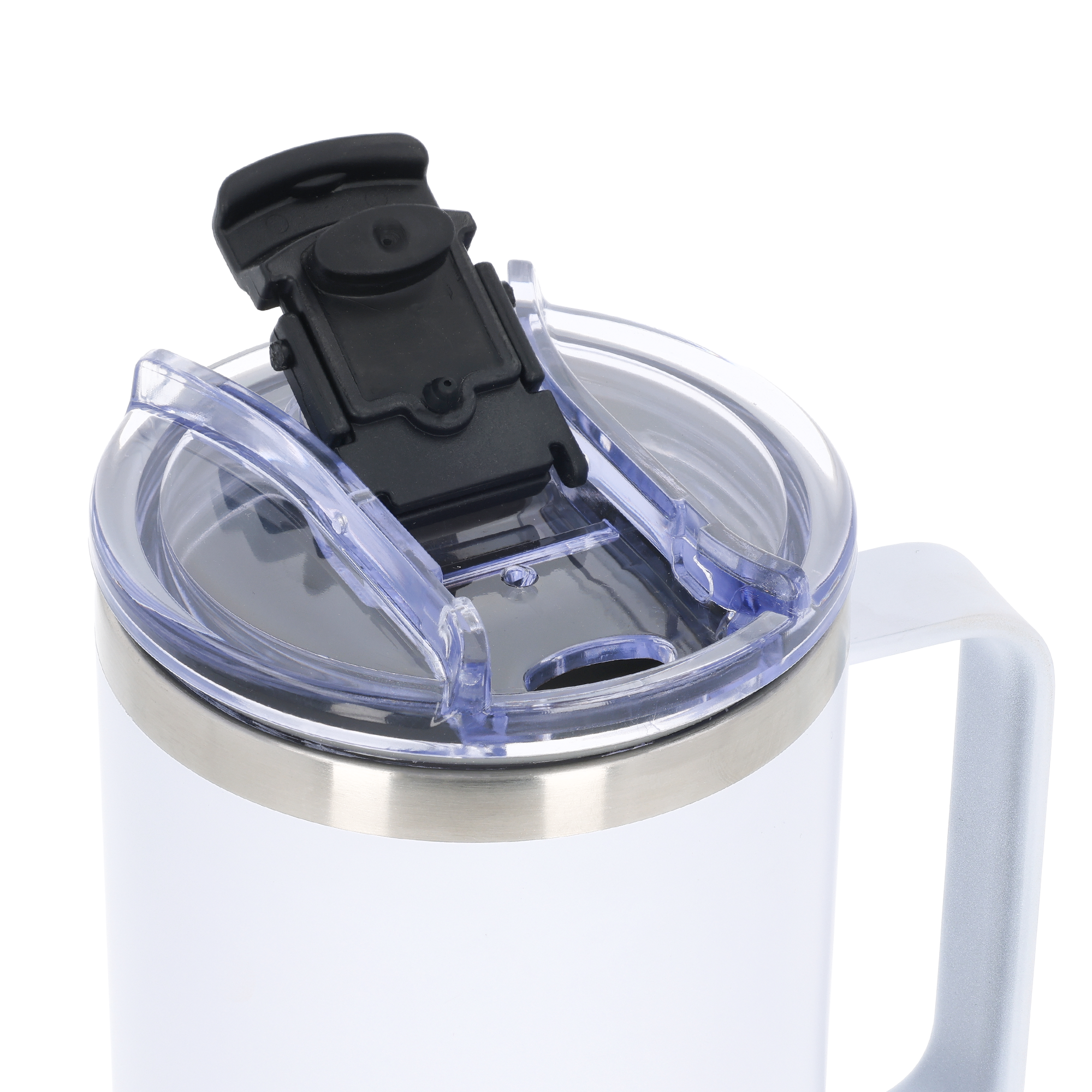 Bovenaanzicht van de witte roestvrijstalen drinkfles met rietje en transparante deksel voor jouw drinkmoment, helemaal in jouw stijl.