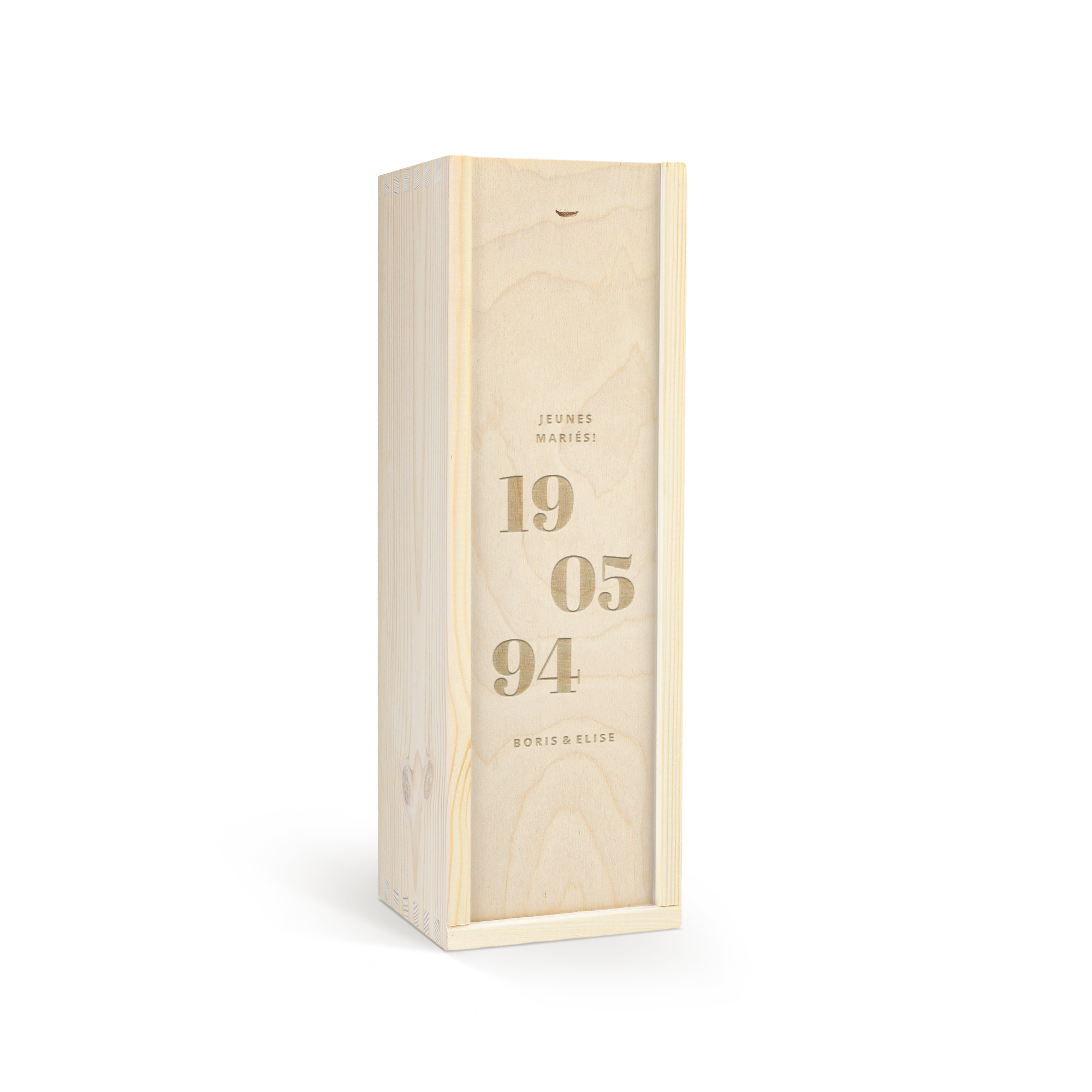 Caisse à vin de luxe en bois clair gravée « JEUNES MARIÉS 19 05 94 BORIS & ELISE »