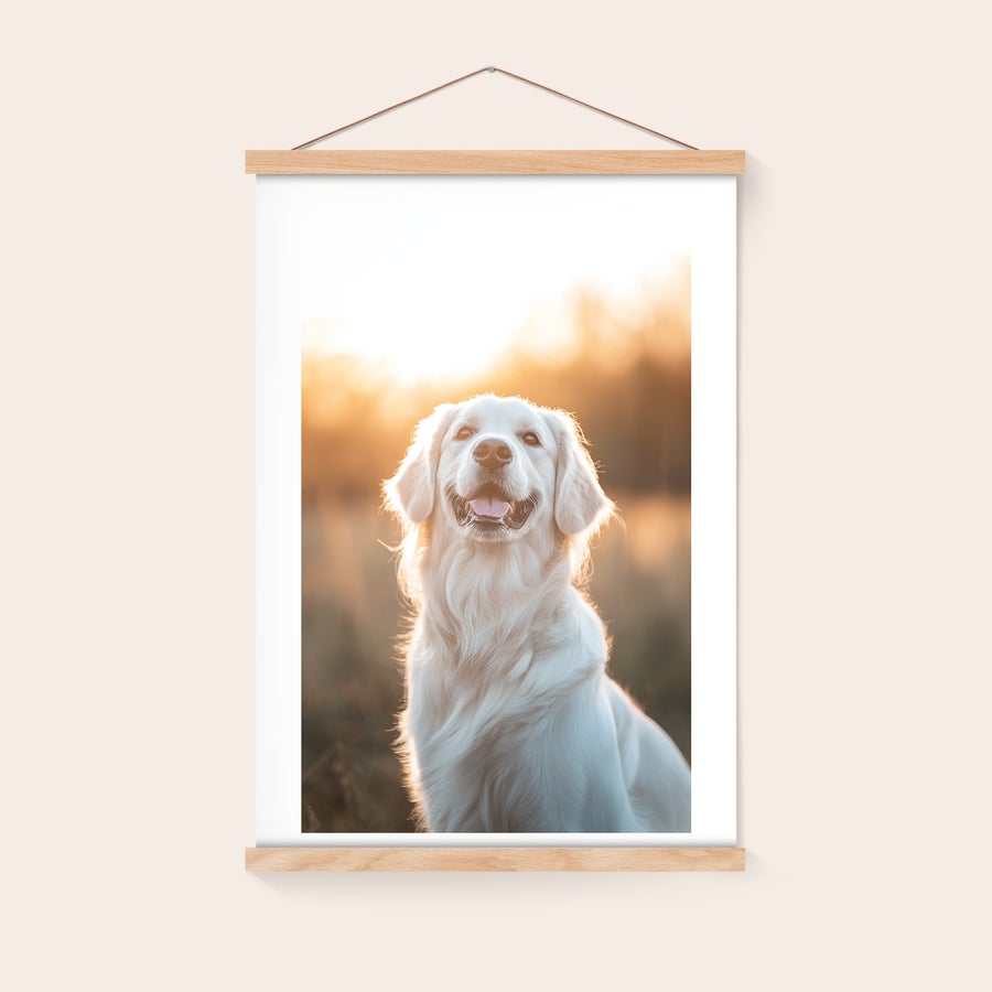 Poster personaliseren met posterhanger Een magnetische posterhanger van eikenhout met een gepersonaliseerde fotoposter van een hond bij zonsondergang.