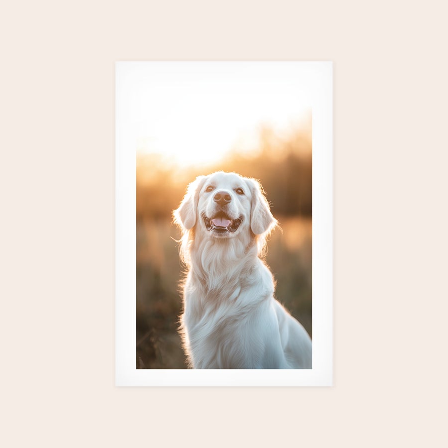 Fotoposter selbst gestalten Personalisiertes Fotoposter mit einem lächelnden Golden Retriever bei Sonnenuntergang gedruckt. Genieße von deinen schönsten Momente auf einzigartige Weise, dein Foto als Poster!
