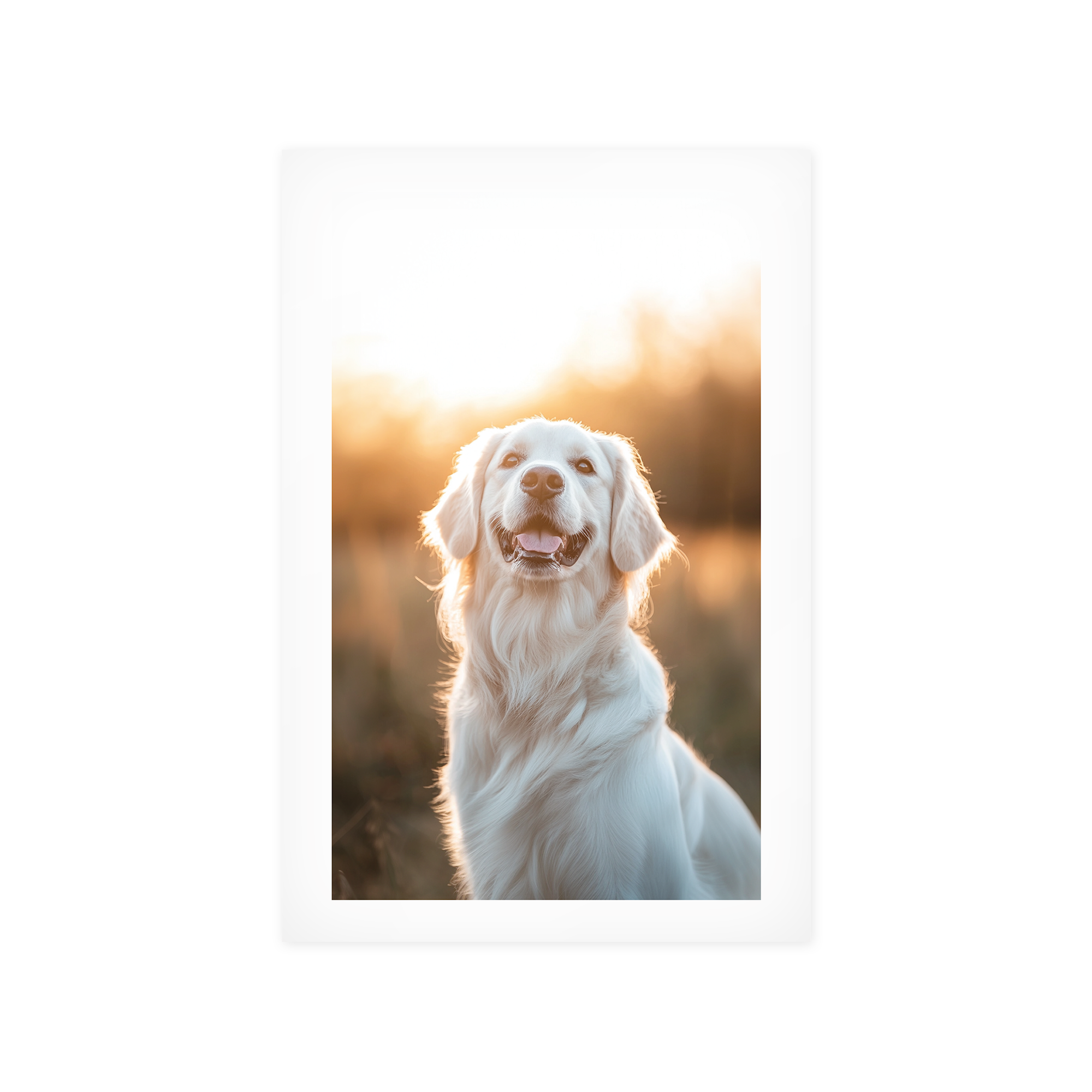 Személyre szabott poszterfotó vidám golden retriever kutyával, naplementében fotózva