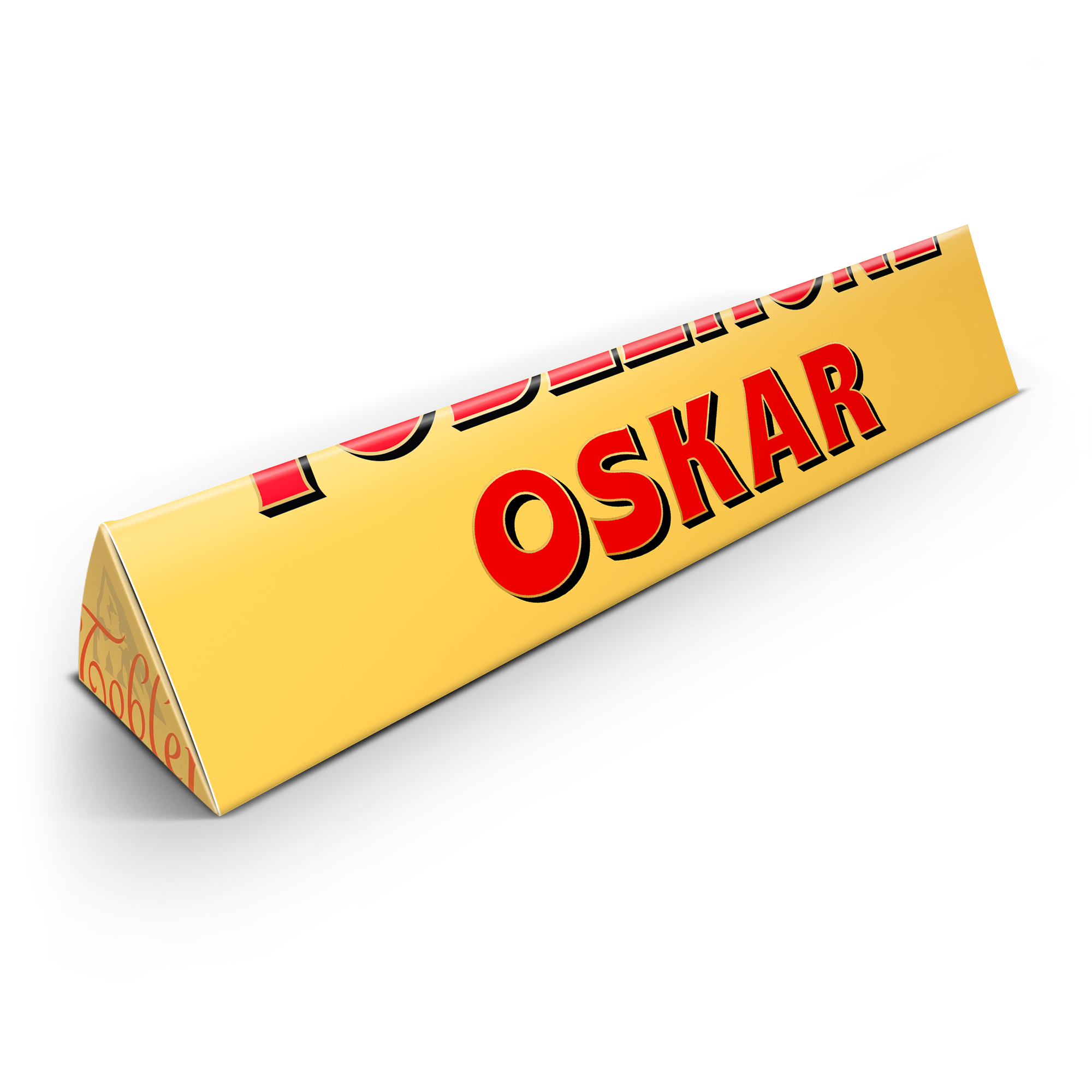 Large personalised Toblerone bar with the name Oskar printed in red on the yellow wrapper