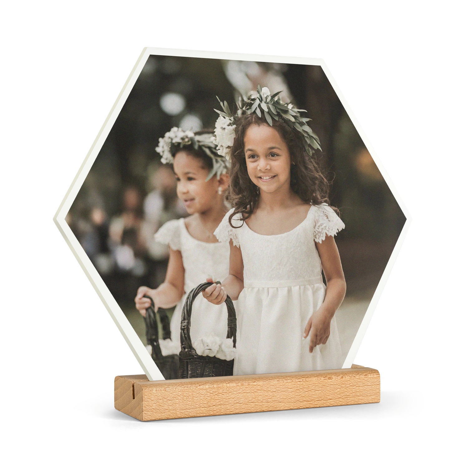 Drewniana p�ytka fotograficzna z nadrukiem i podstawk� - sze�ciok�t