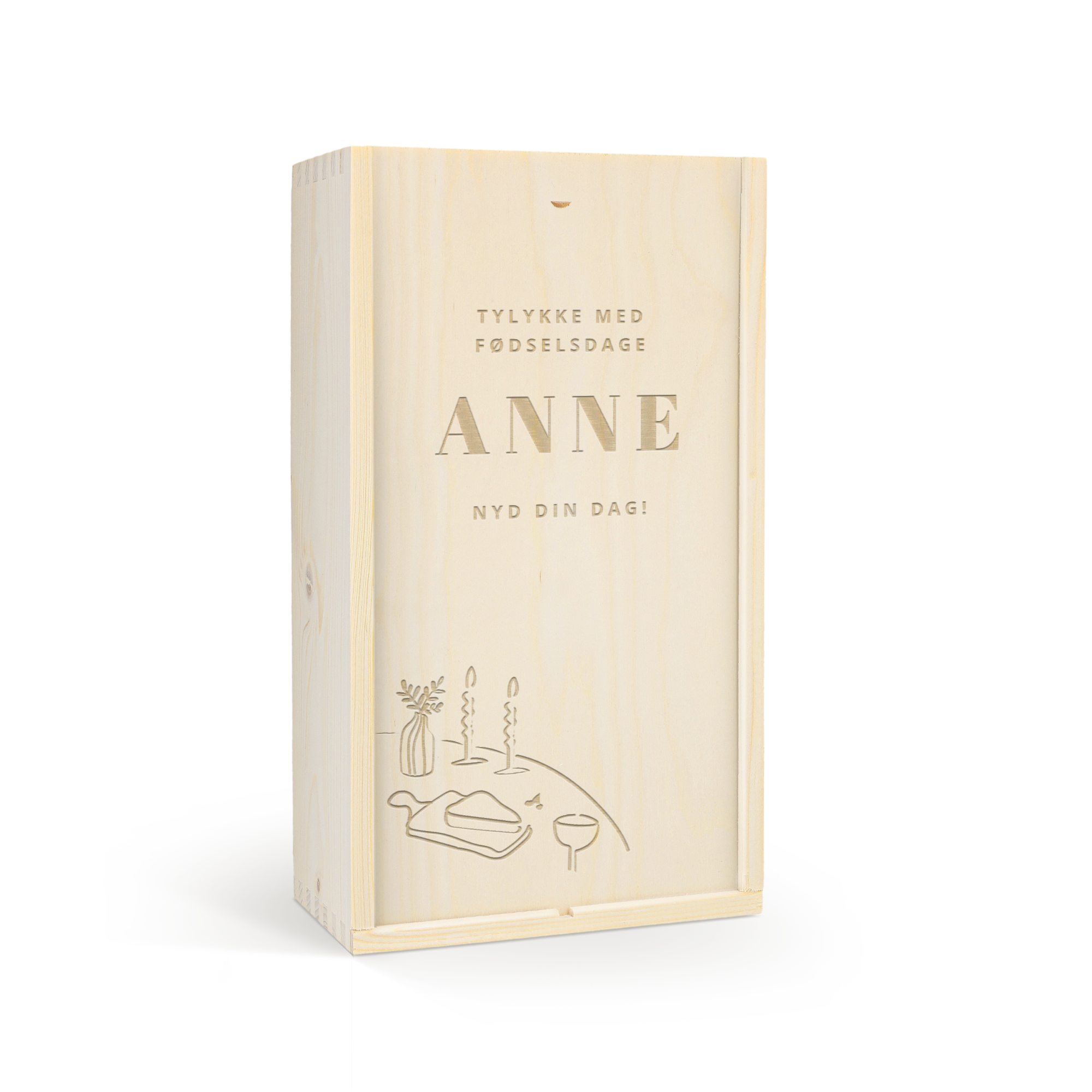 Luksus Oude Kaap vinpakke i en personlig graveret vinboks med teksten "Tillykke med fødselsdagen, Anne, nyd din dag!"