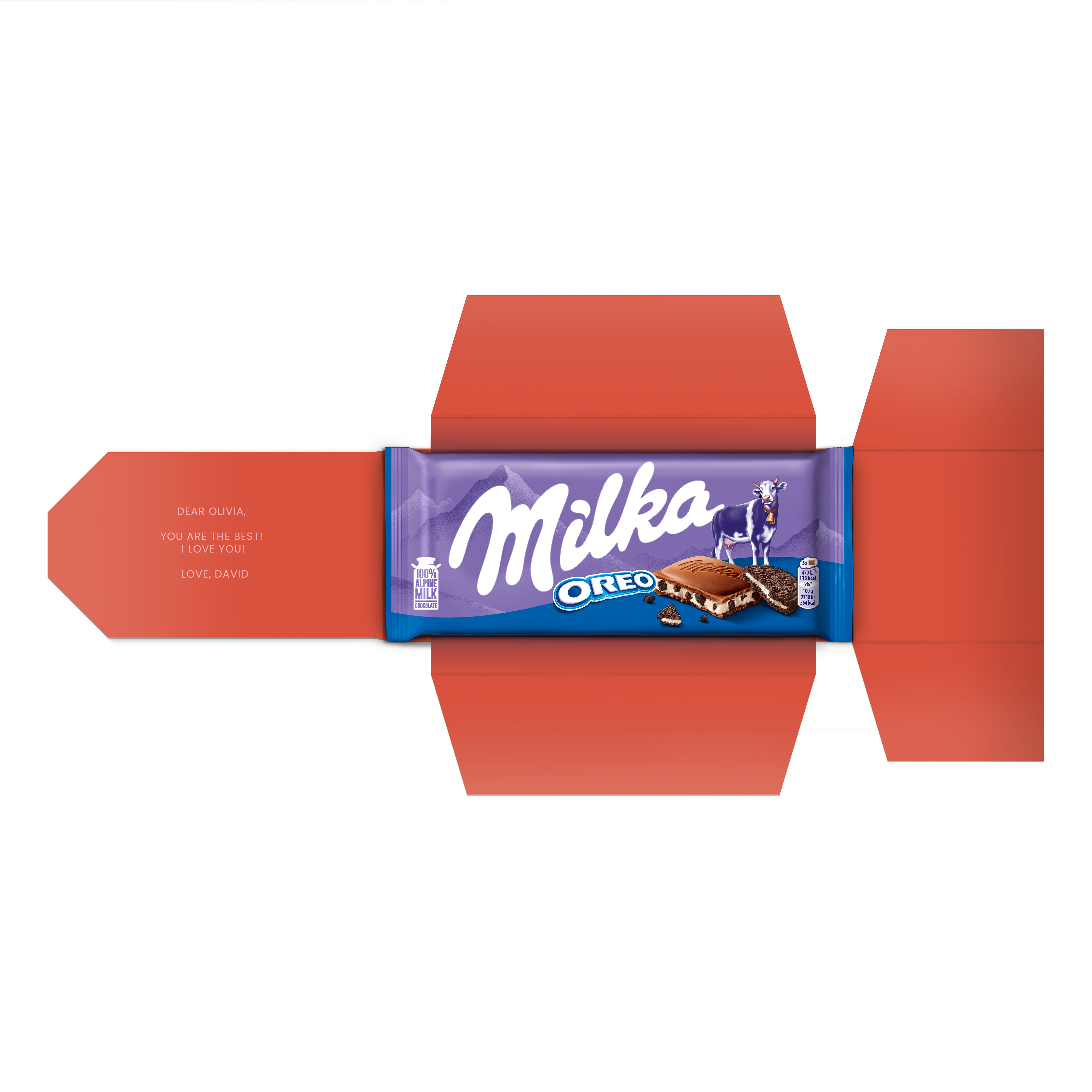 Personalized Milka bar - Oreo printed with a custom message inside the opened red gift box packaging