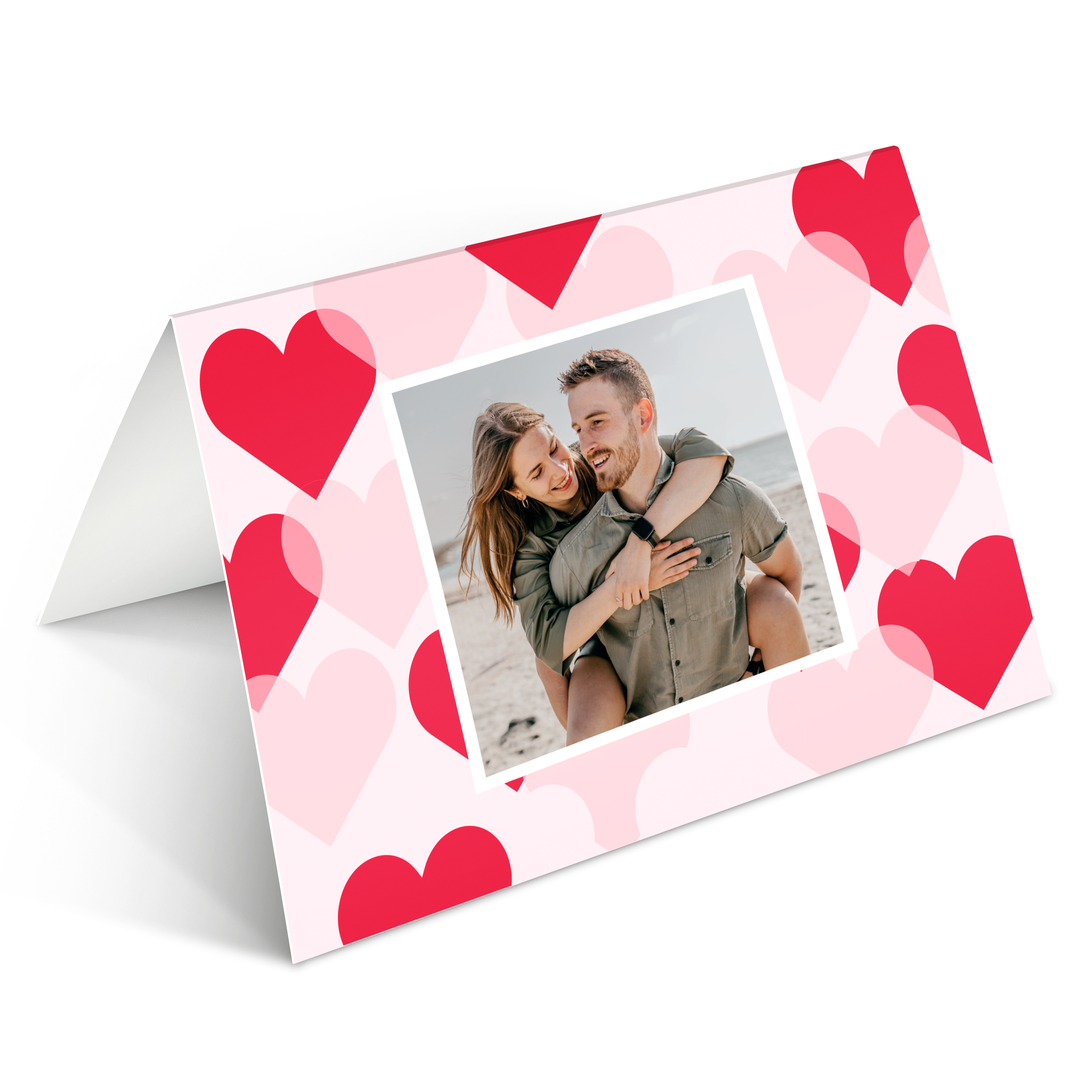 Cartão personalizado com foto impressa de casal e corações rosas para qualquer ocasião