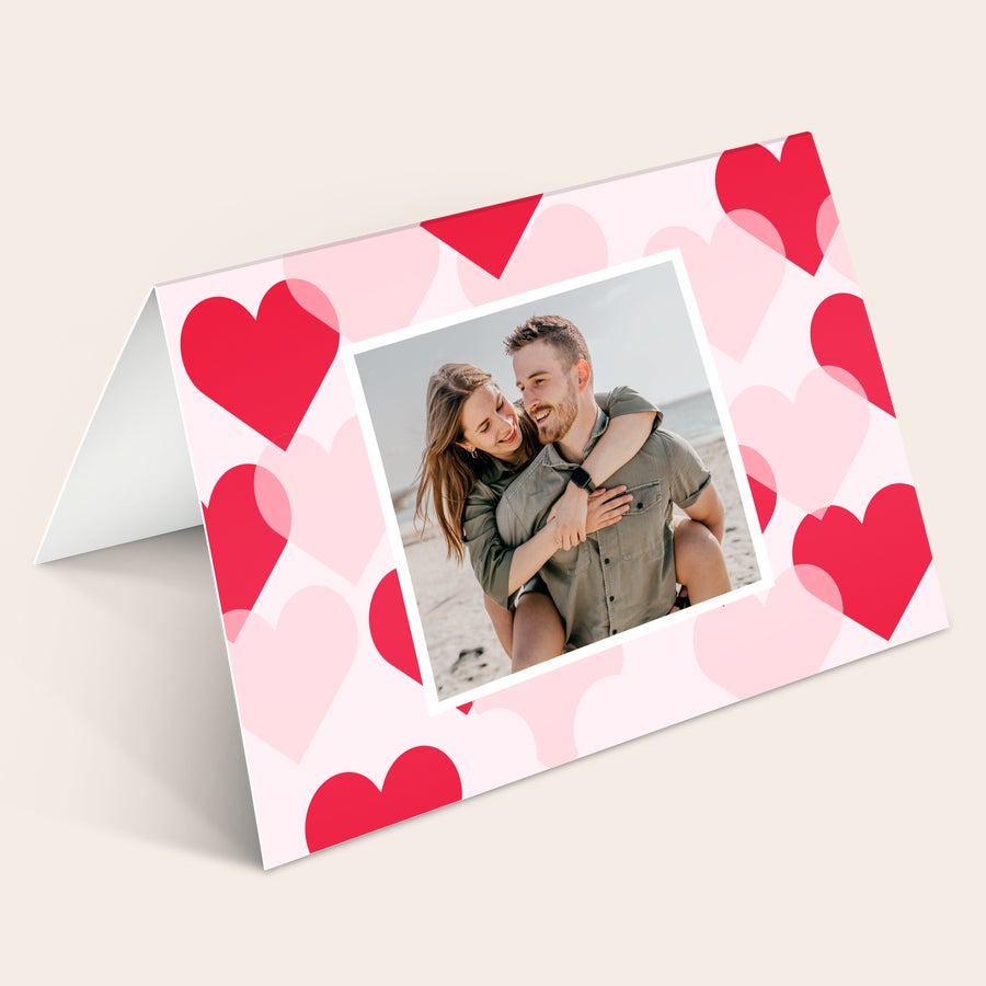 Cartão com foto Cartão personalizado com foto impressa de casal e corações rosas para qualquer ocasião