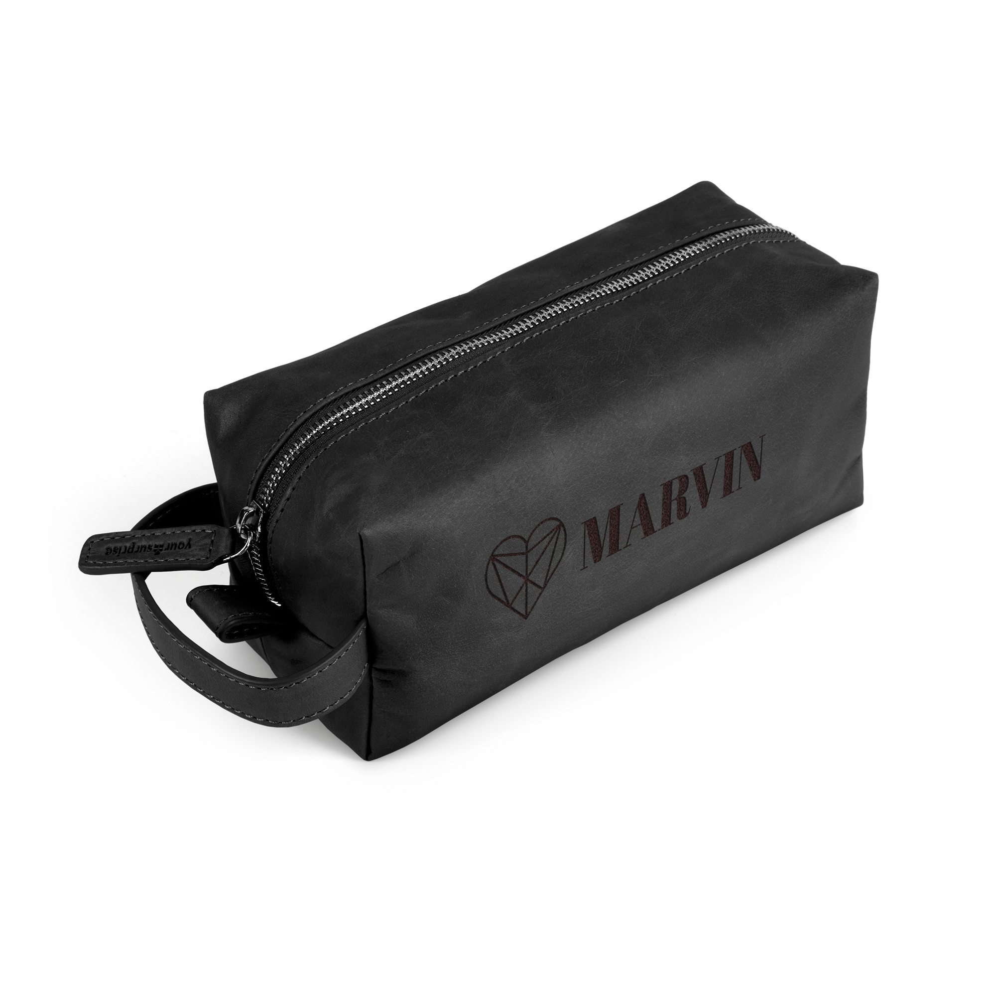 Kulturbeutel personalisiert mit Name - Leder, schwarze Tasche mit geätztem Namen "MARVIN" und Herz-Symbol