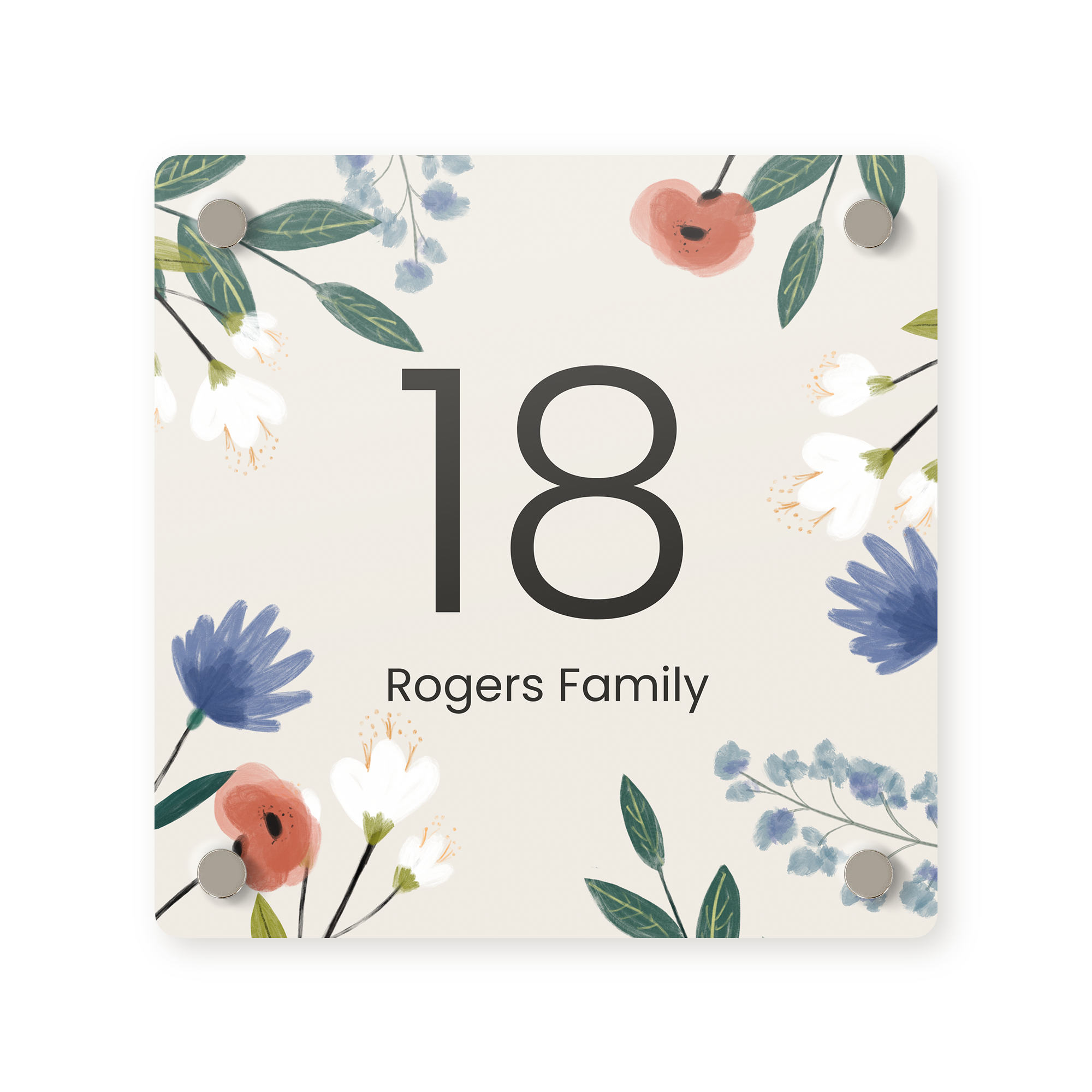 Cartello personalizzato per la casa con numero 18 e cognome Rogers Family stampati su sfondo floreale