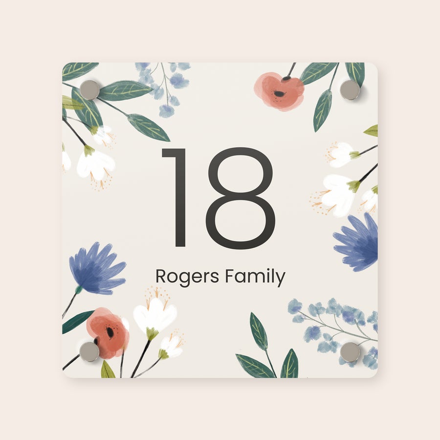 Cartello personalizzato per la casa Cartello personalizzato per la casa con numero 18 e cognome Rogers Family stampati su sfondo floreale