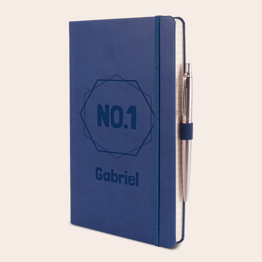 Vatertag - Notizbuch selbst gestalten Personalisiertes Notizbuch für den Vatertag in Blau mit Gravur No.1 Gabriel und Stift