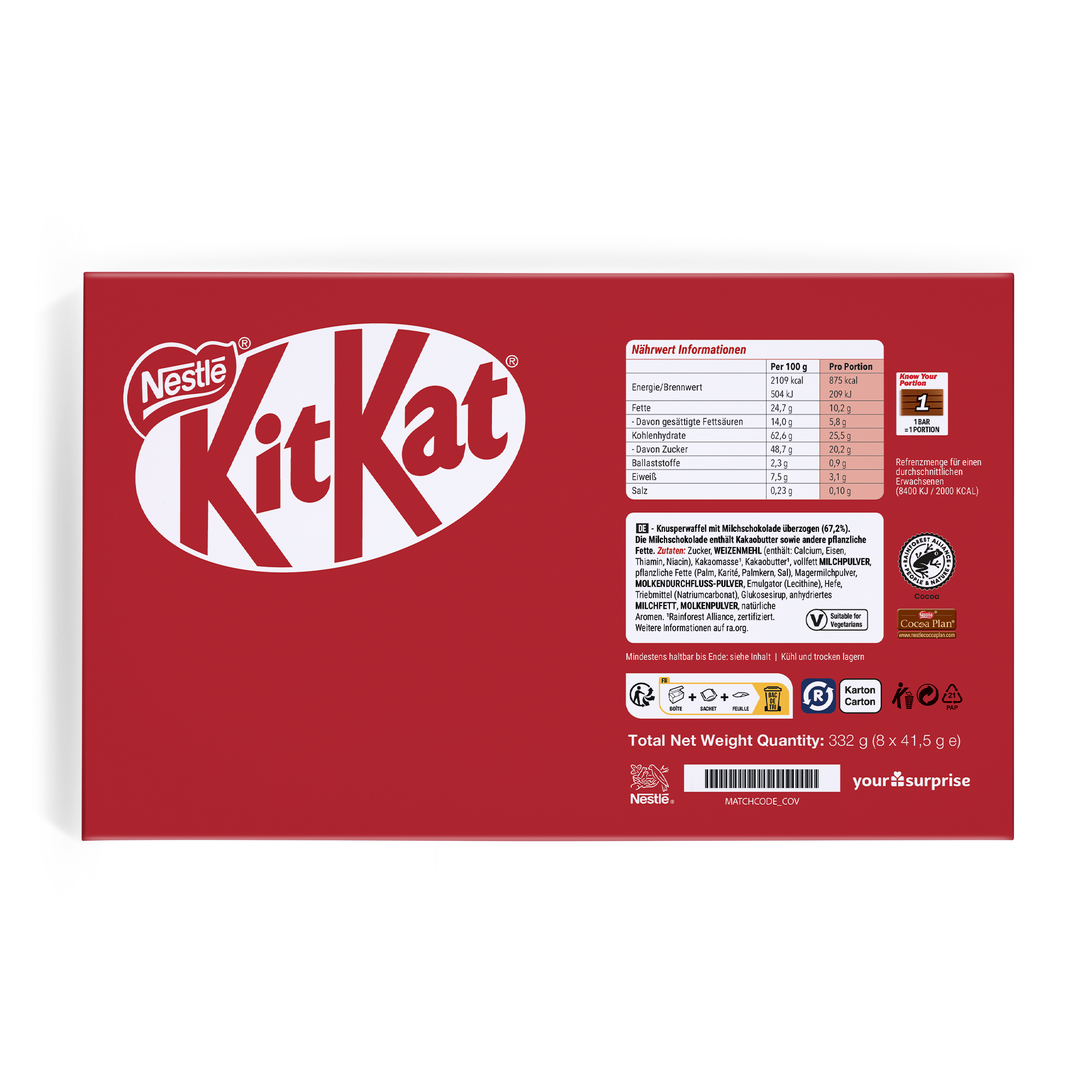 Rote KitKat Geschenkbox mit personalisiertem Namensdruck und Foto, enthält Nährwertangaben und Zutatenliste