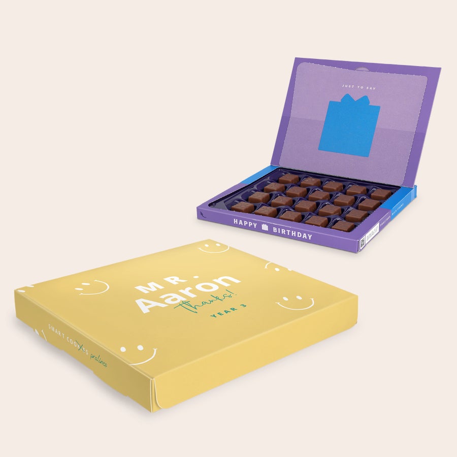 Pralinés de Milka Professor Caixa de presente Milka personalizada para professor, com nome e mensagem impressos em cores na tampa.