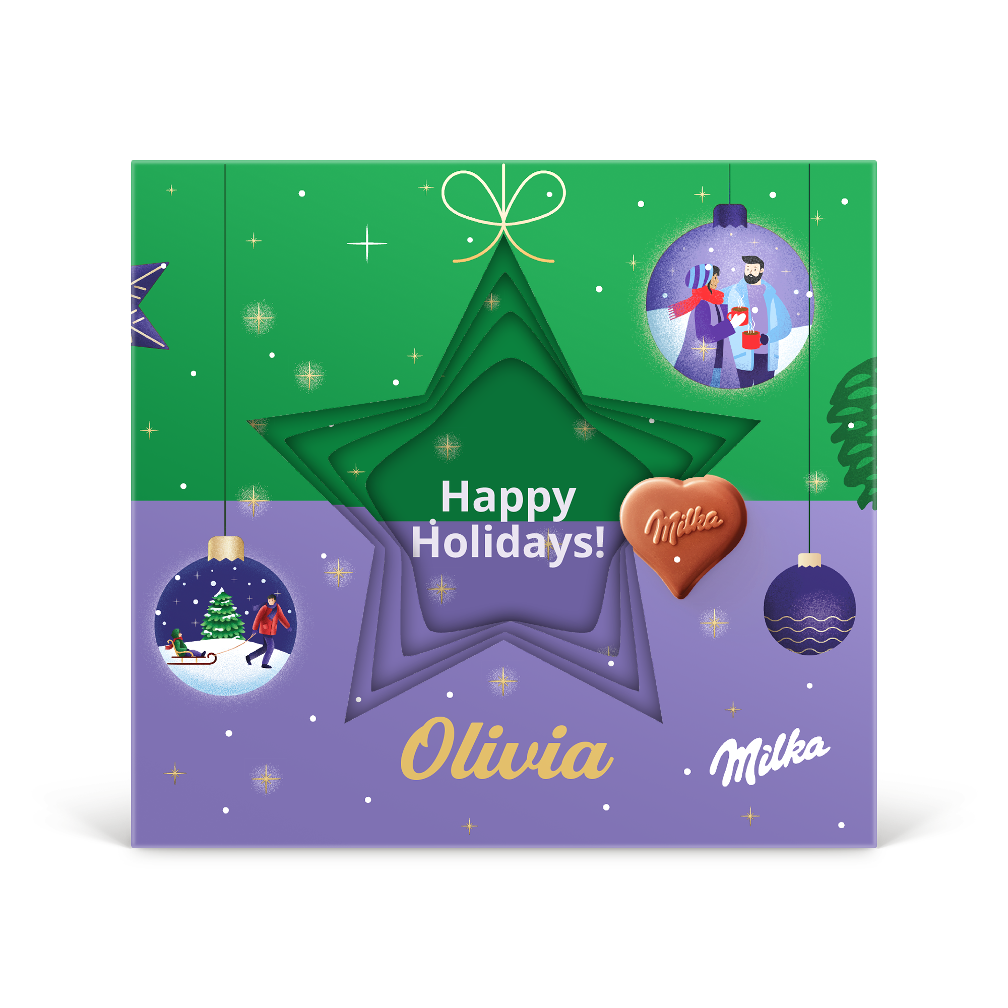 Inimi Milka în cutie cadou 3D personalizată - Crăciun