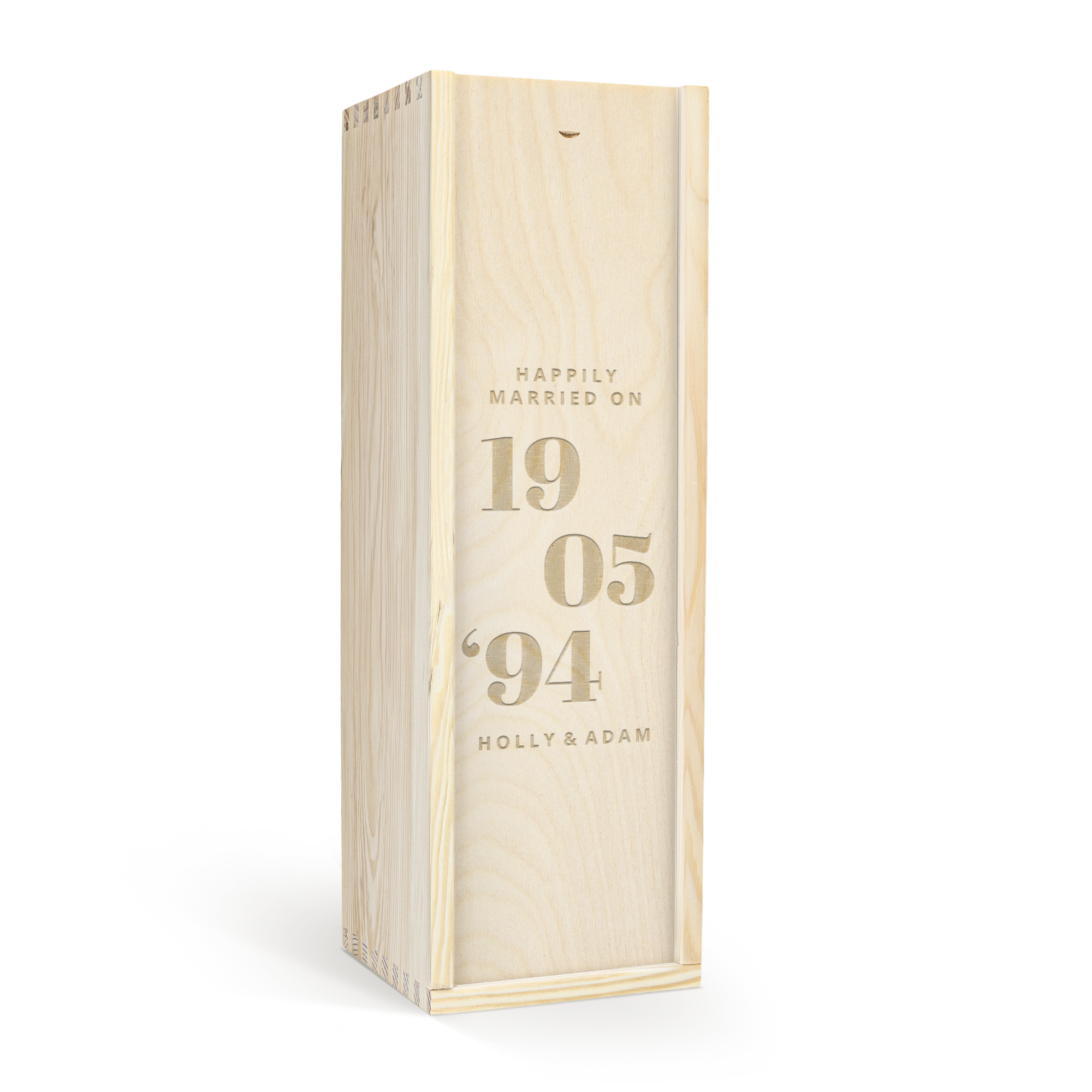 Caja de madera personalizada con grabado láser de "Happily Married On 19 05 '94 Holly & Adam".