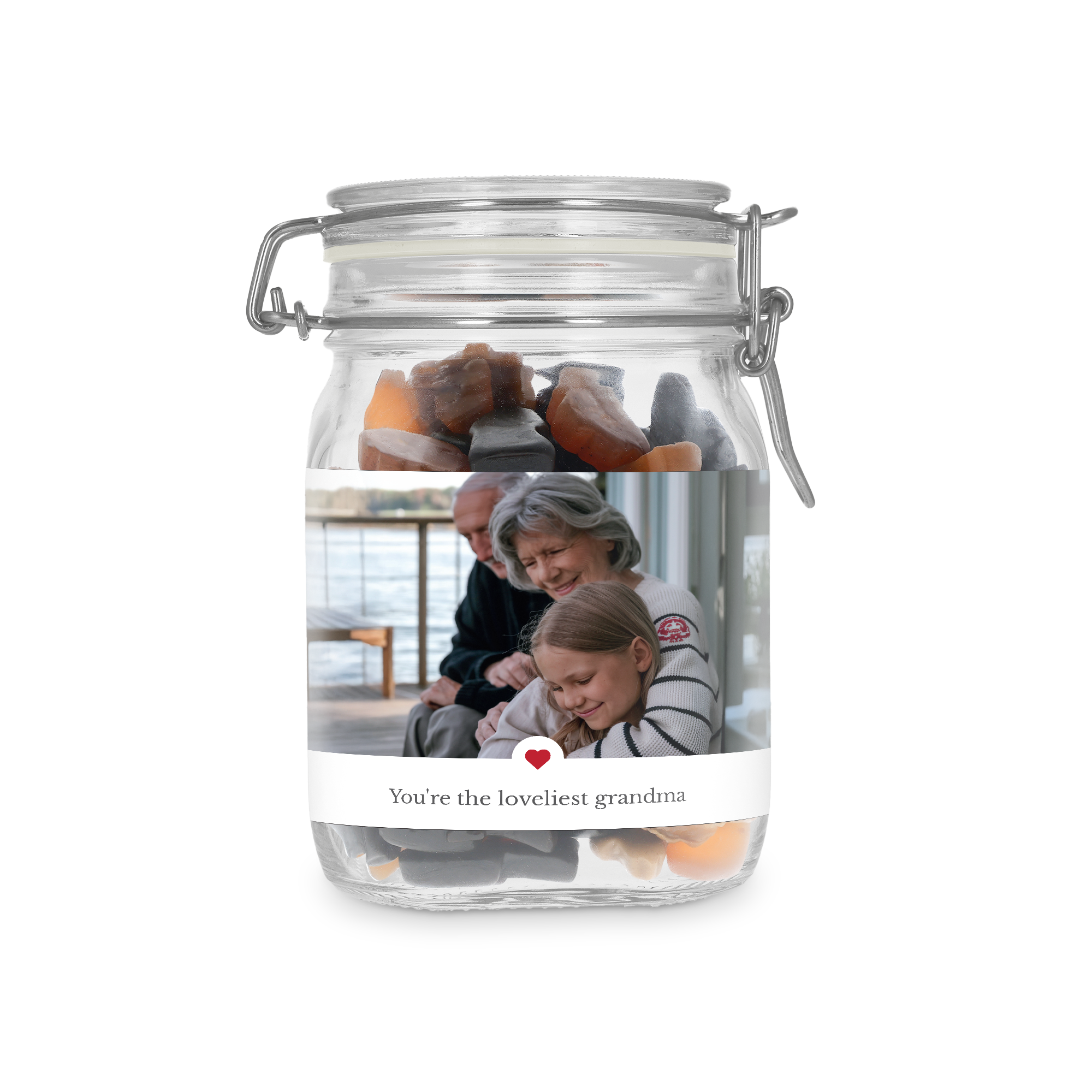 Pote de doce personalizado com mistura de alcaçuz, com foto impressa de avós e neto, e a frase You're the loveliest grandma