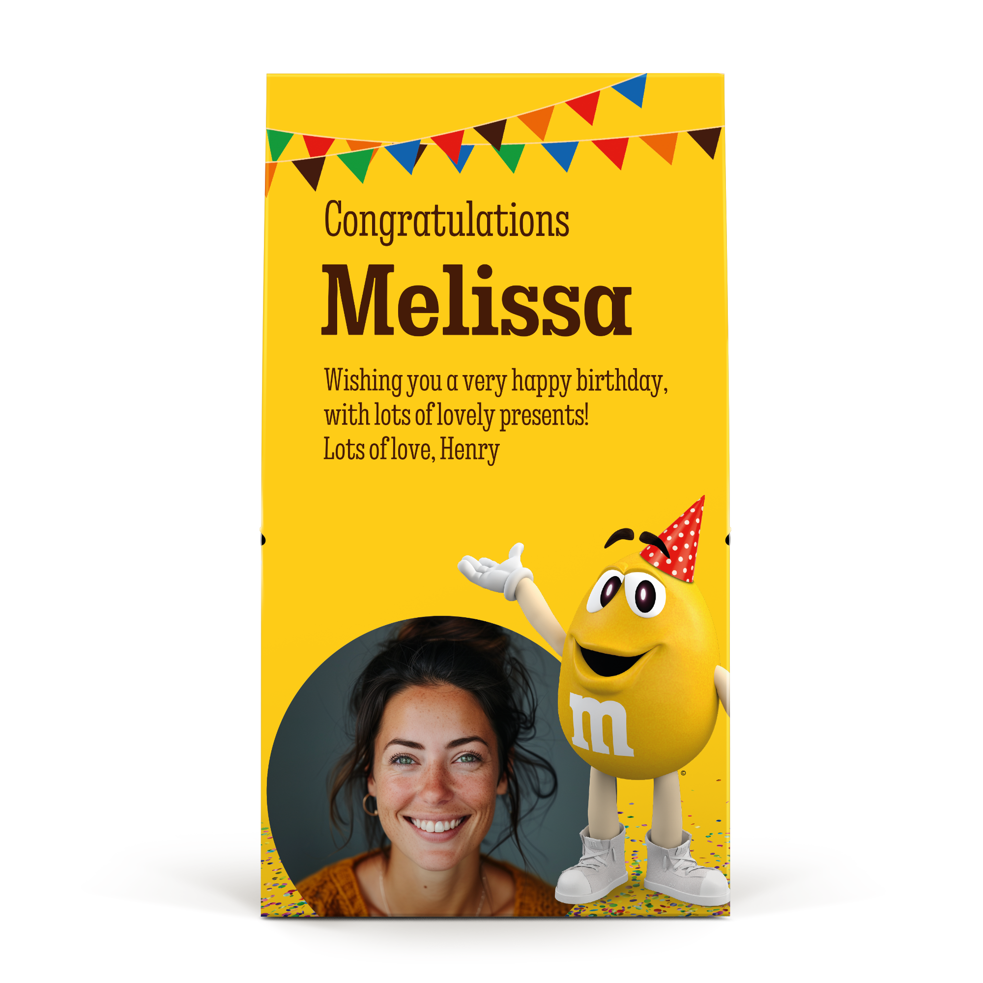 Personlig M&M's chokoladegave - 6 poser (714 gram) med foto og tekst "Congratulations Melissa"