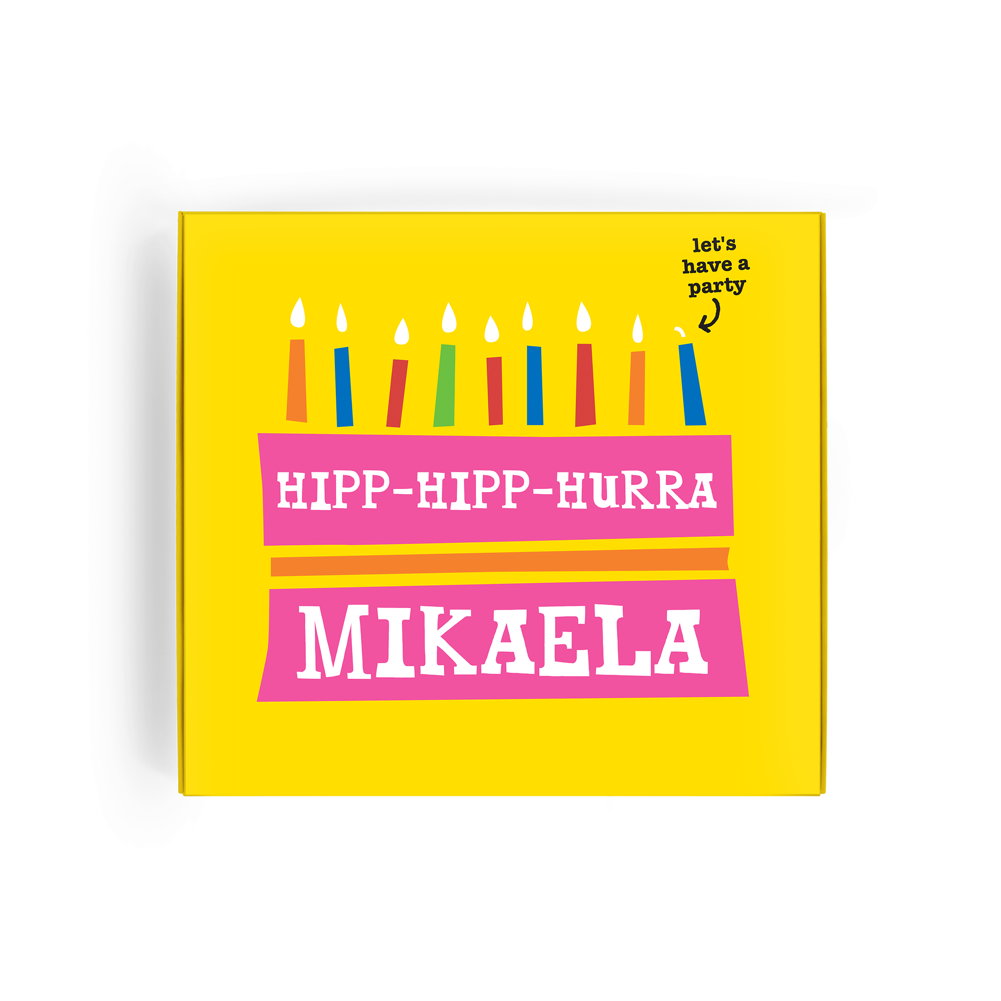 Personlig Tony's Chocolonely Mjölkchoklad presentförpackning med ballonger och texten Hipp Hipp Hurra Mikaela