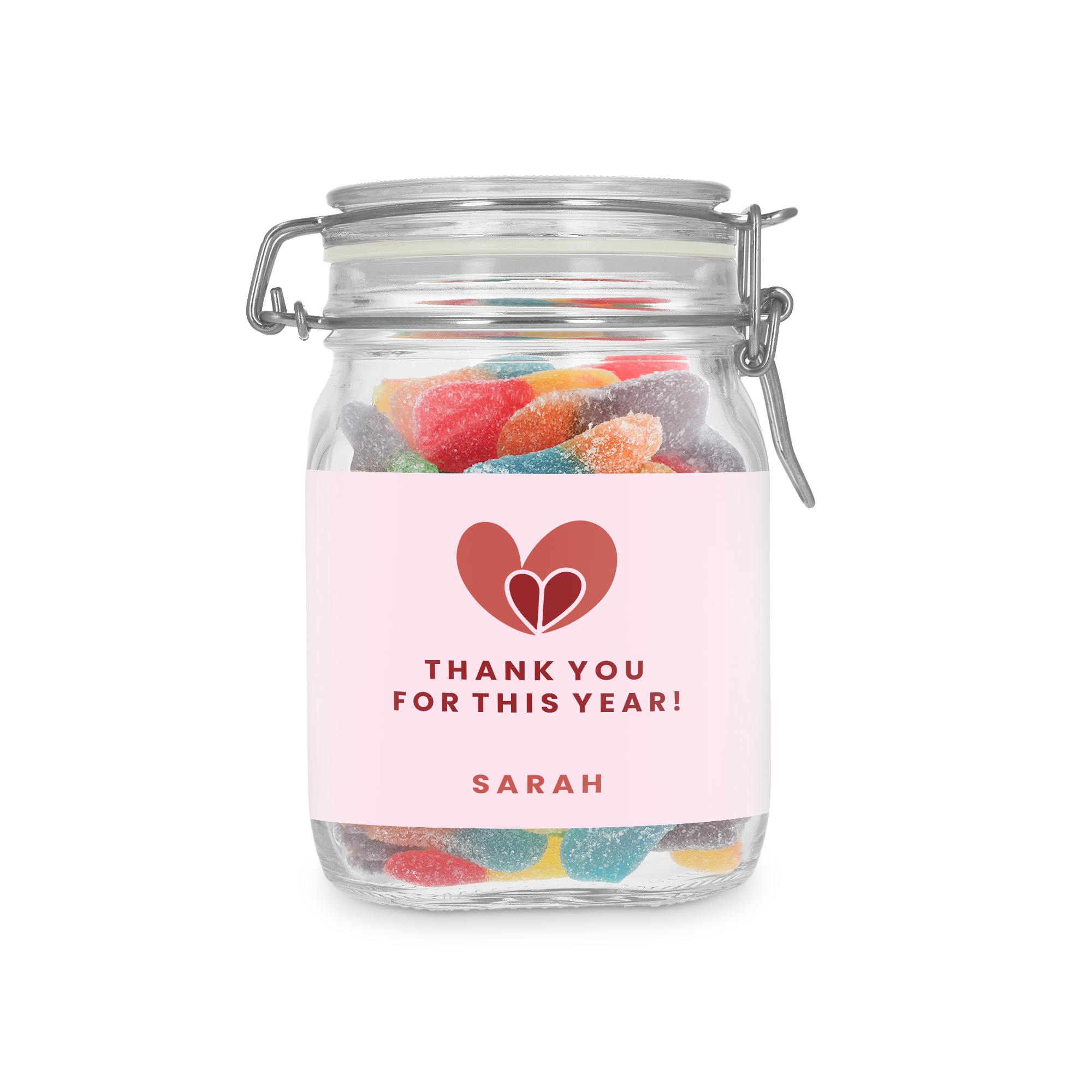 Barattolo di dolciumi personalizzato con bastoncini aspri, con etichetta stampata con cuore rosso e il testo Thank you for this year Sarah