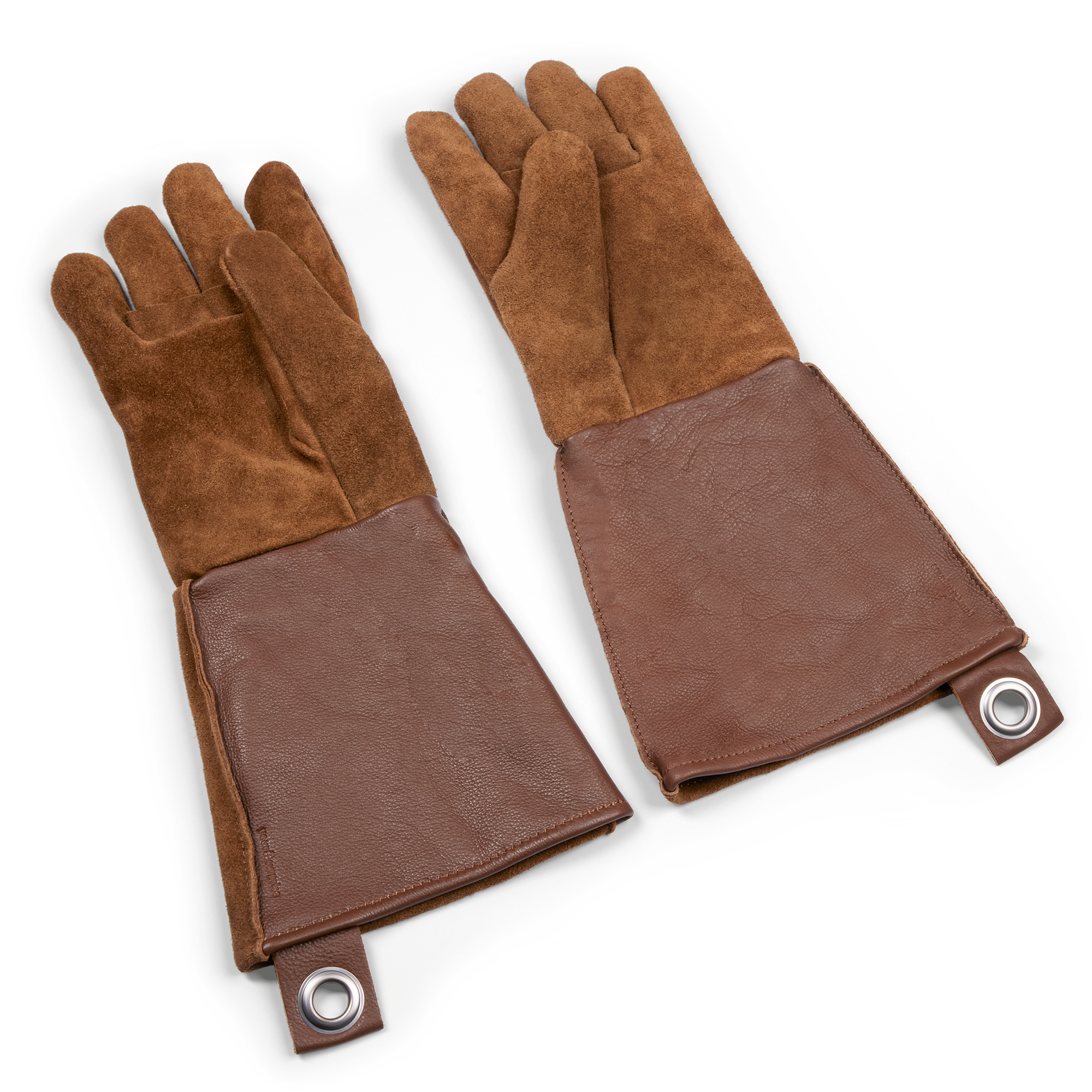 Brown leather BBQ gloves with suede upper and lower leather cuff, ready for engraving.