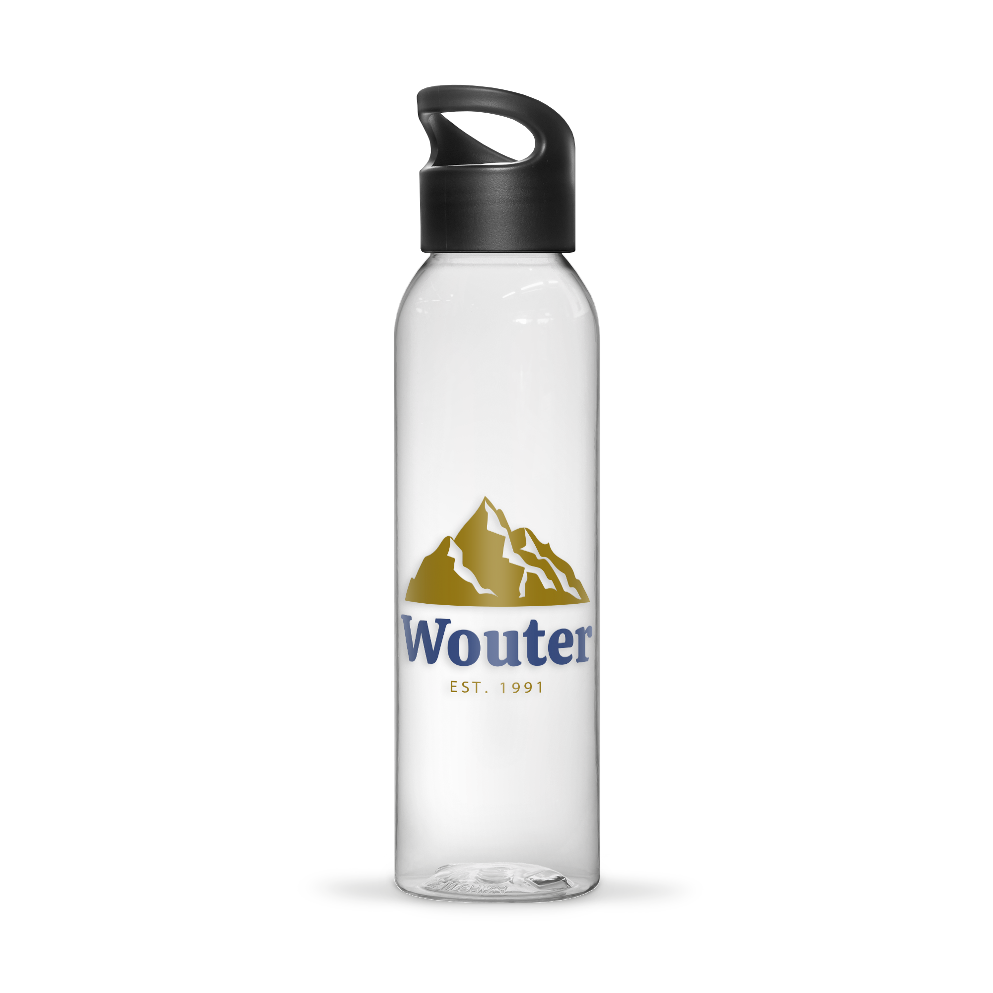 Transparante waterfles met een uniek ontwerp van bergen, naam Wouter en jaartal 1991, geprint in goud en blauw.