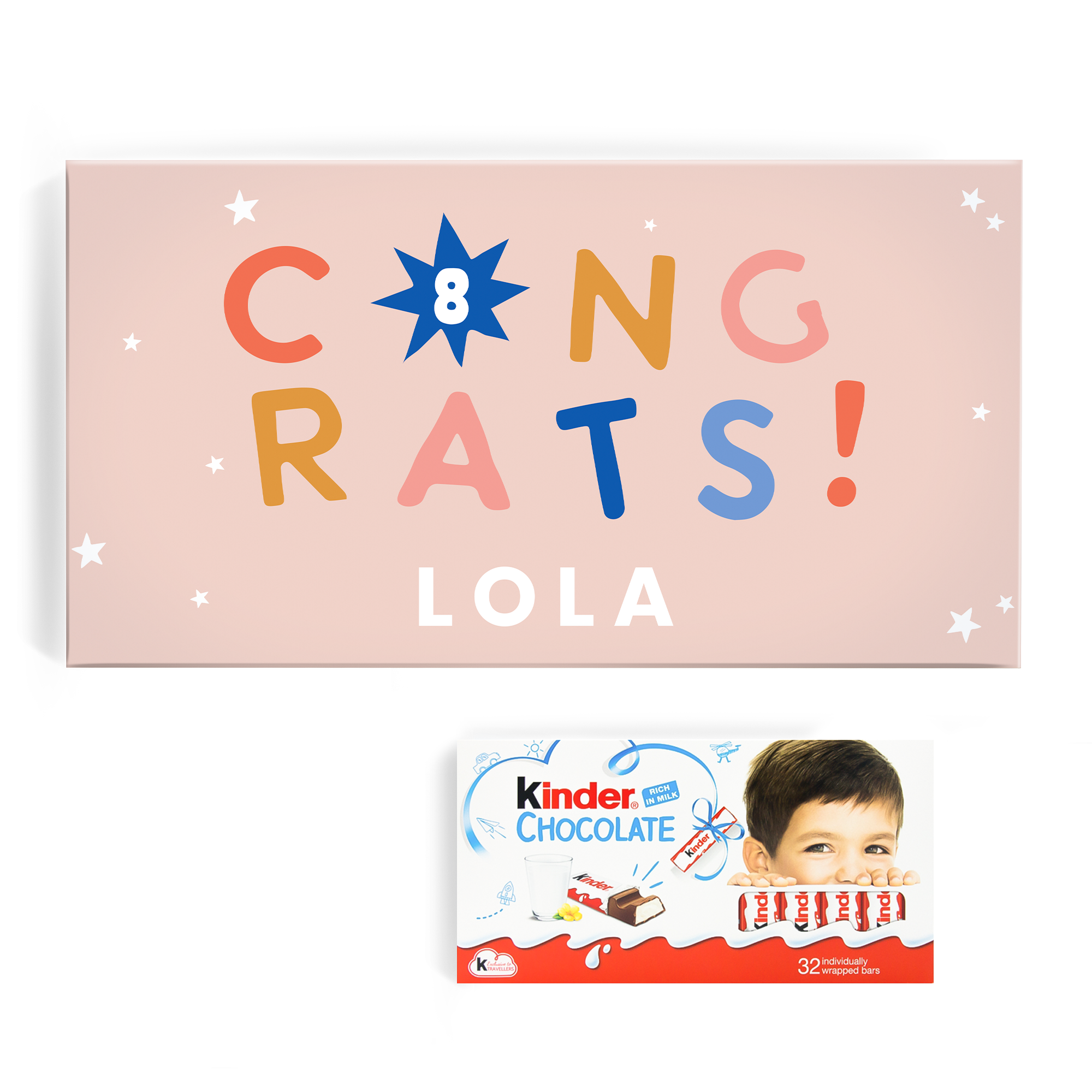 Coffret kinder personnalisé 64 barres imprimé avec le message Congrats 8 Lola