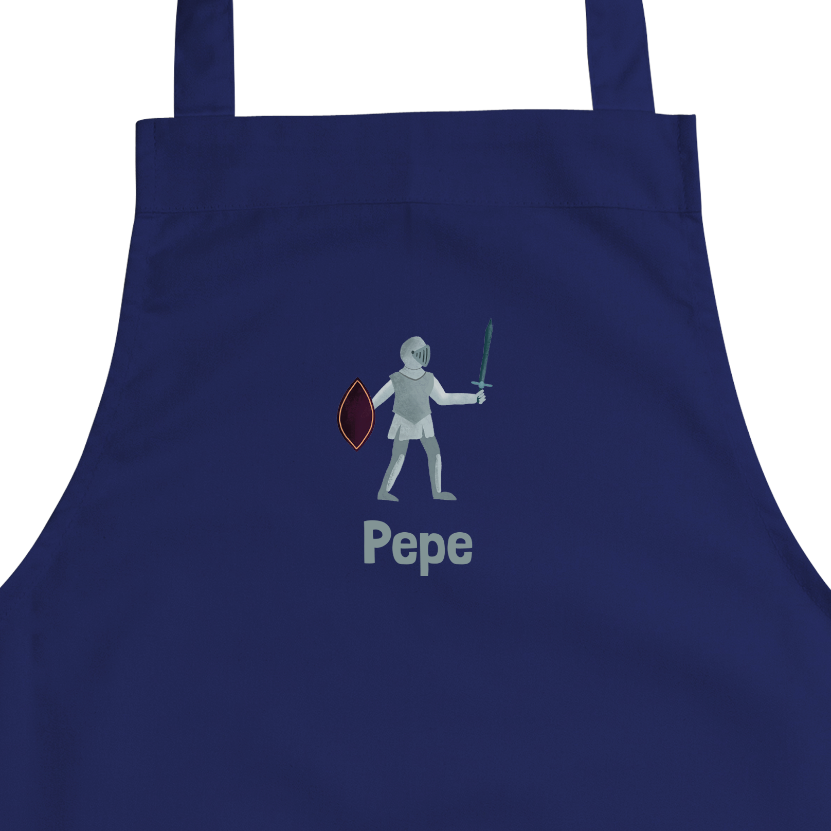 Blaue Kinderschürze bedruckt mit Rittermotiv und dem Namen Pepe