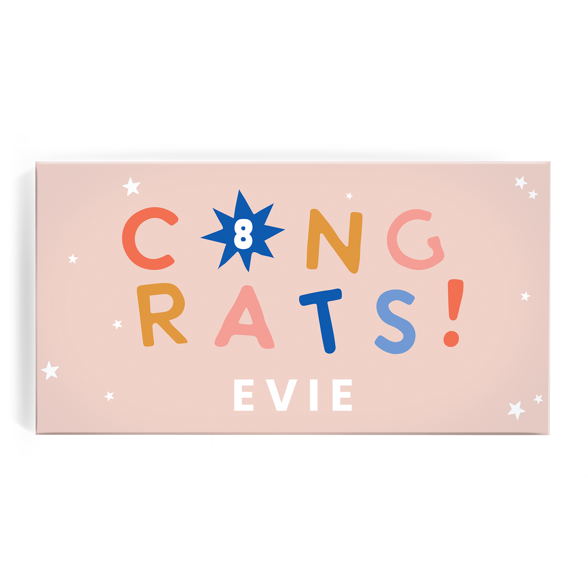 Personalizovaná krabička na čokoládu s nápisem "CONGRATS! EVIE", potiskem hvězd a číslem 8.