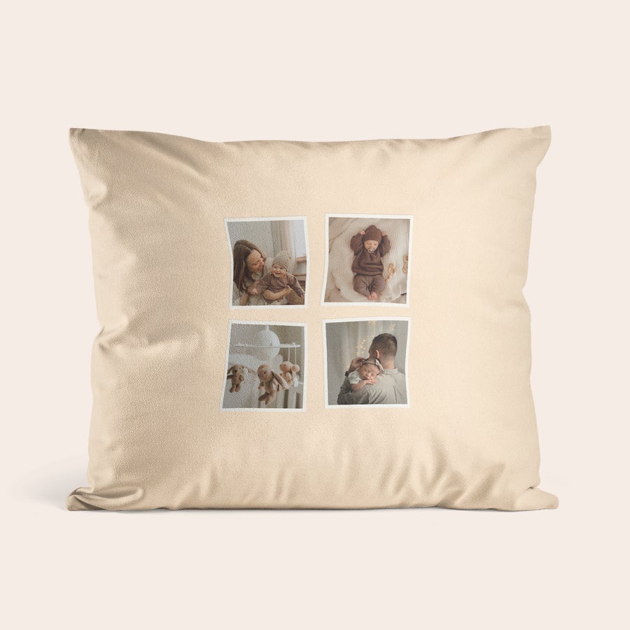 Almofadas impressas personalizadas Capa de almofada bege com quatro fotos impressas, personalize qualquer espaço com uma capa de almofada lindamente personalizada