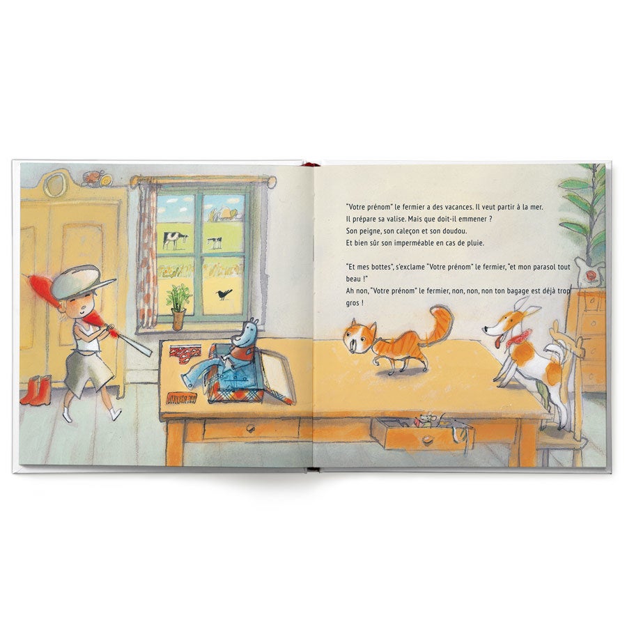 Livre enfant personnalisé « Le fermier va à la mer » ouvert, montrant une page intérieure avec texte personnalisé et illustration.