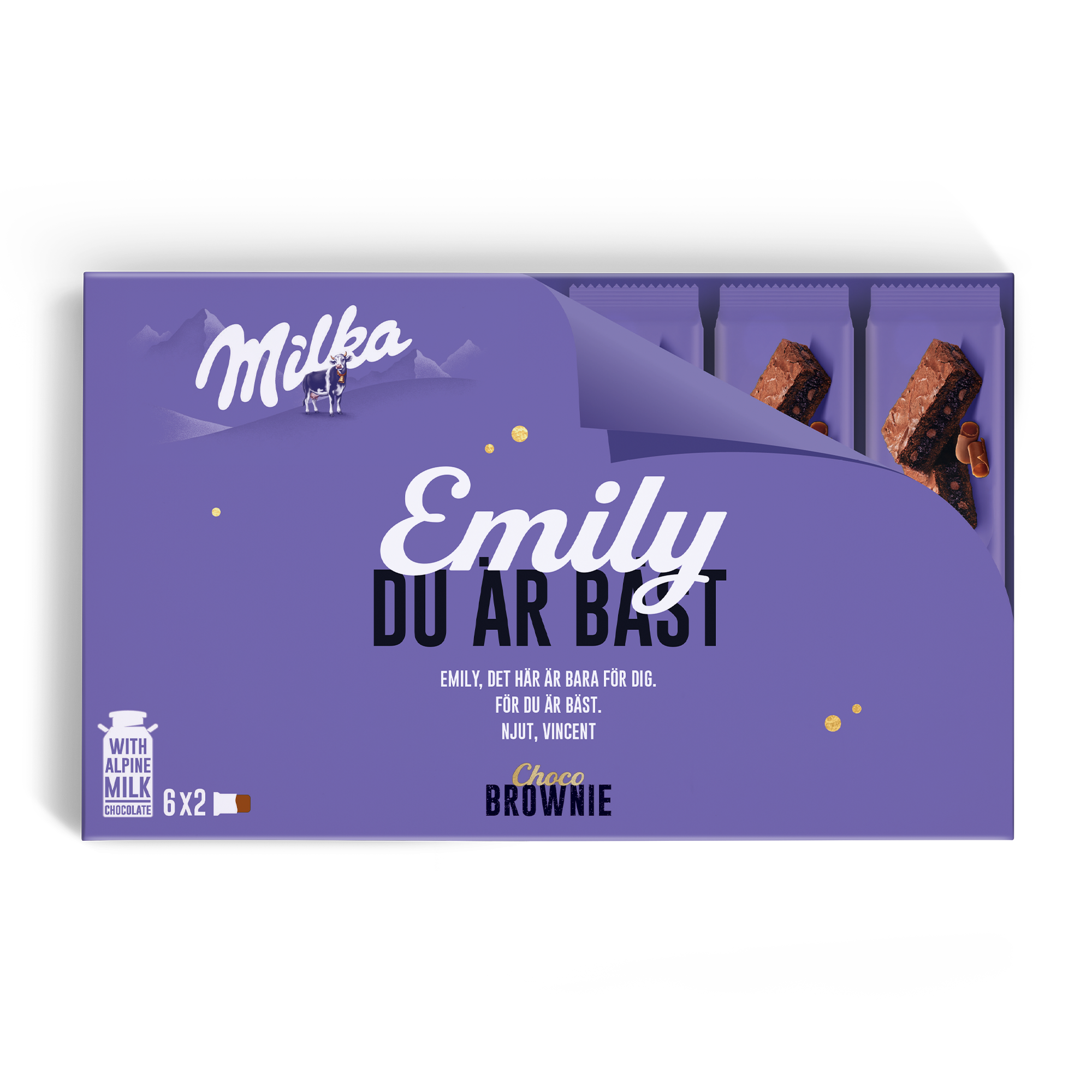 Personlig presentförpackning Milka Choco Brownie med namnet Emily, tryckt med texten "DU ÄR BÄST" och ett meddelande.