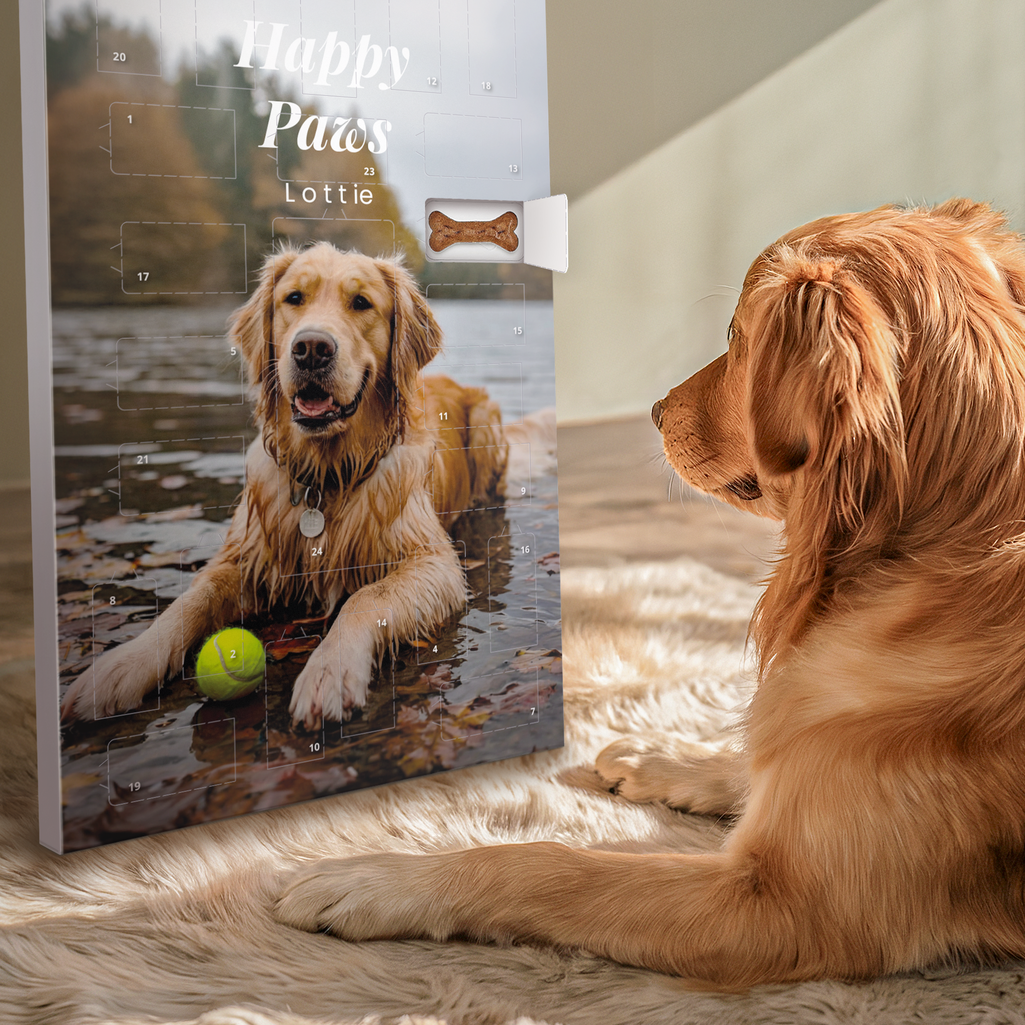 Boîte surprise personnalisée pour friandises pour chien - Pedigree, avec la photo d'un golden retriever, le texte Happy Paws et le nom Lottie imprimés.