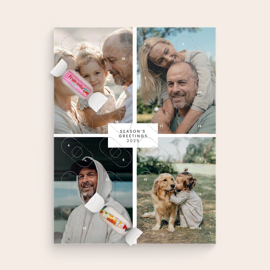 Personalised sweets advent calendar A personalized sweets advent calendar printed with four family photos and the text Seasons Greetings 2025
