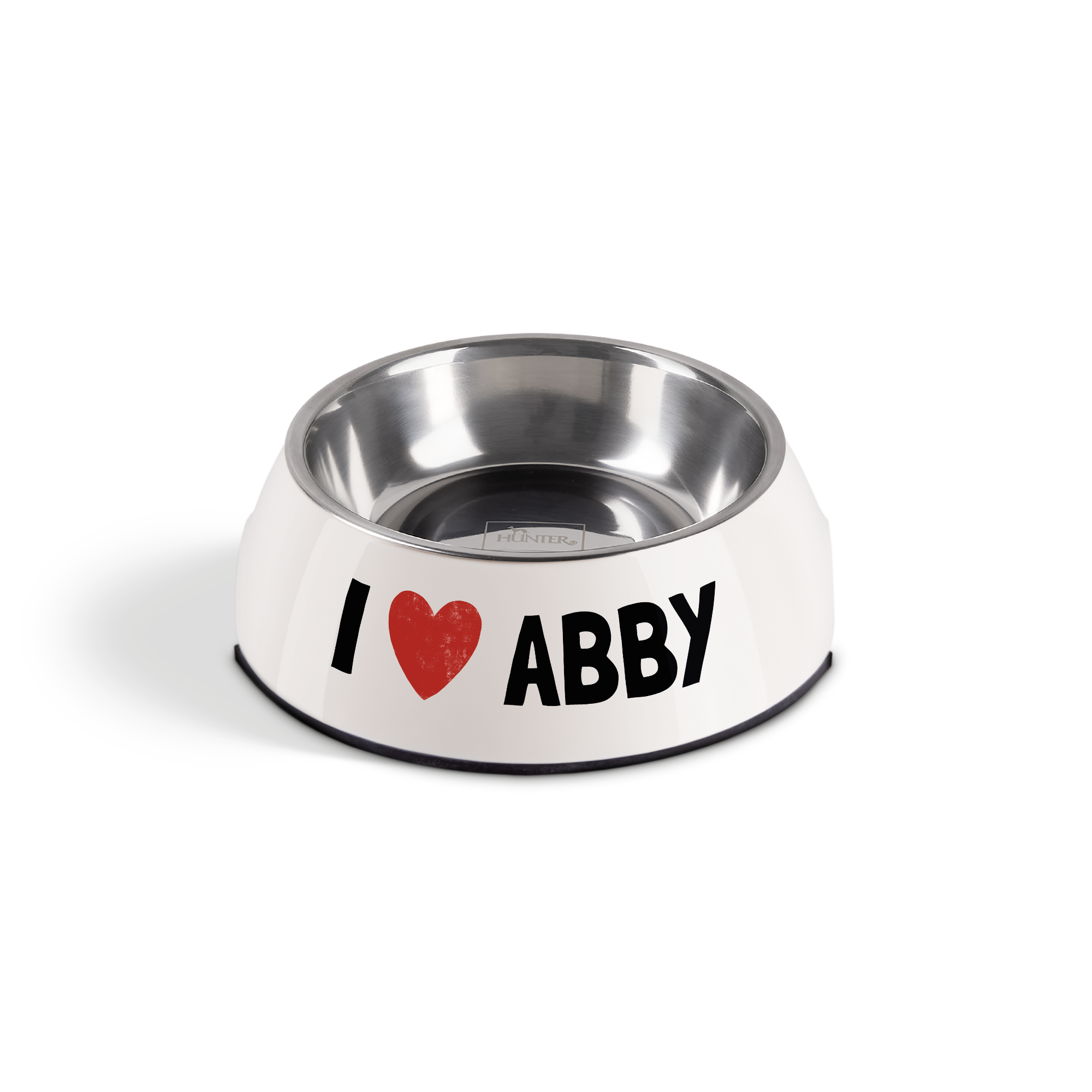 Bela personalizirana skleda za mačjo hrano iz melamina z vrezanim imenom Abby in rdečim srcem.